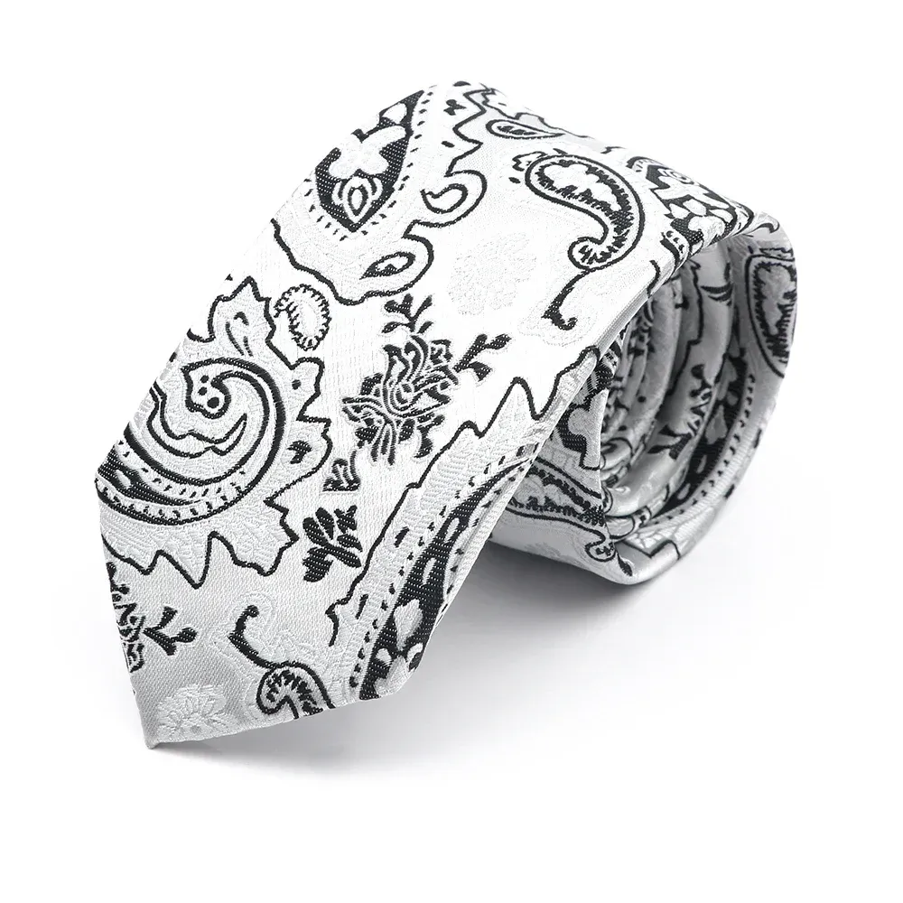 Clearwater Paisley Skinny Polyester Tie, White / Black / Grey