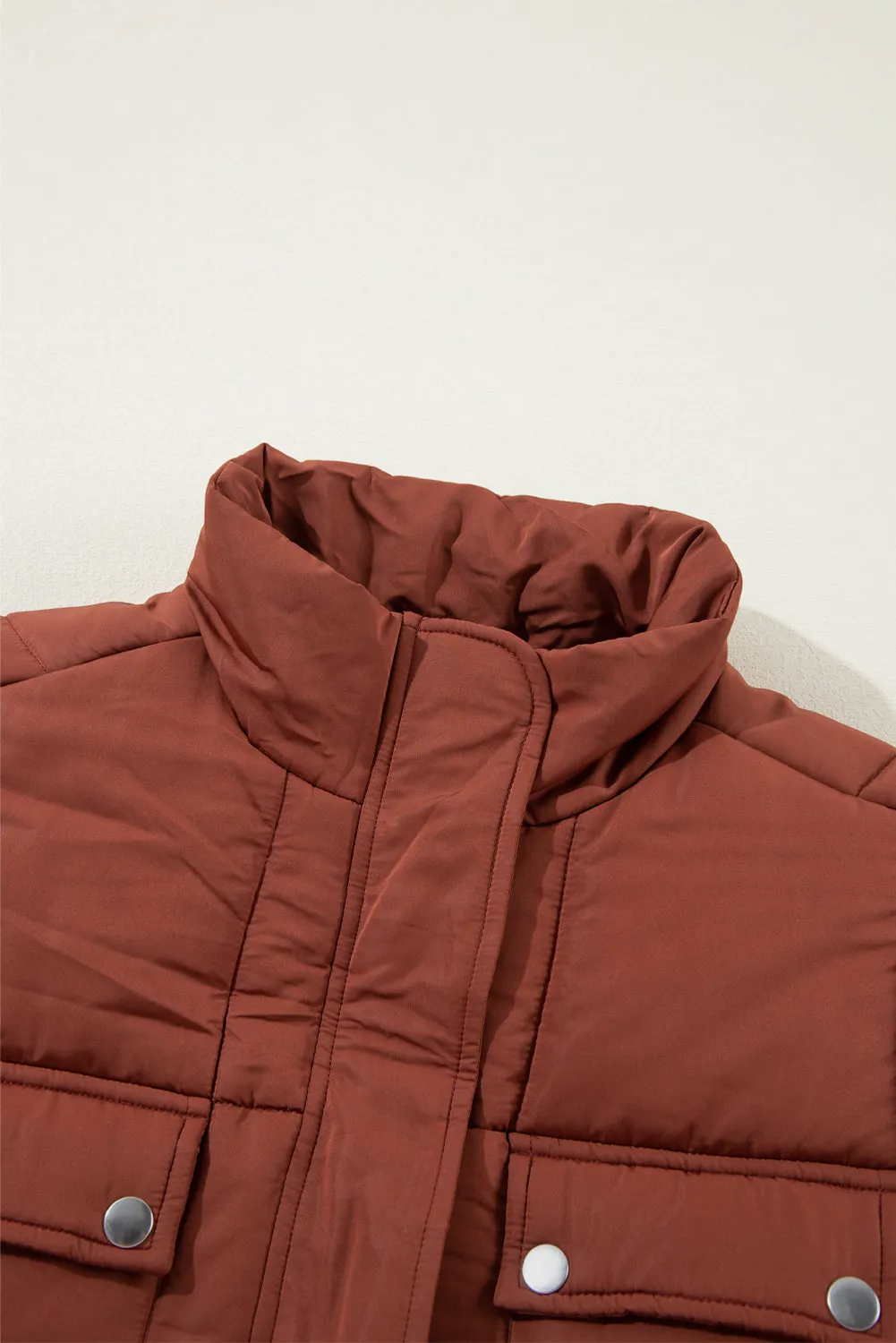 Coffee Quilted Puffer Stand Neck Zipped Mid-length Coat