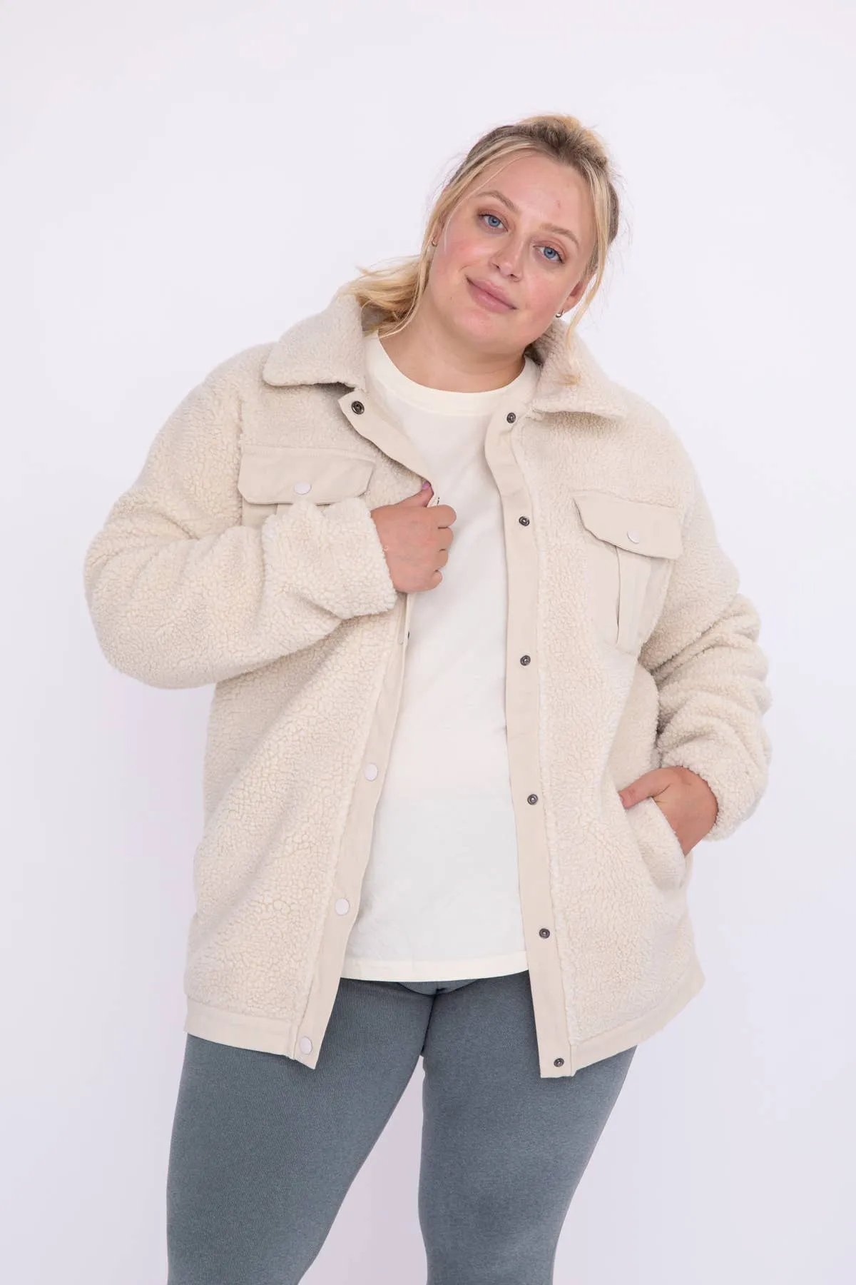 CURVY Sherpa Snap-On Shacket with Pockets