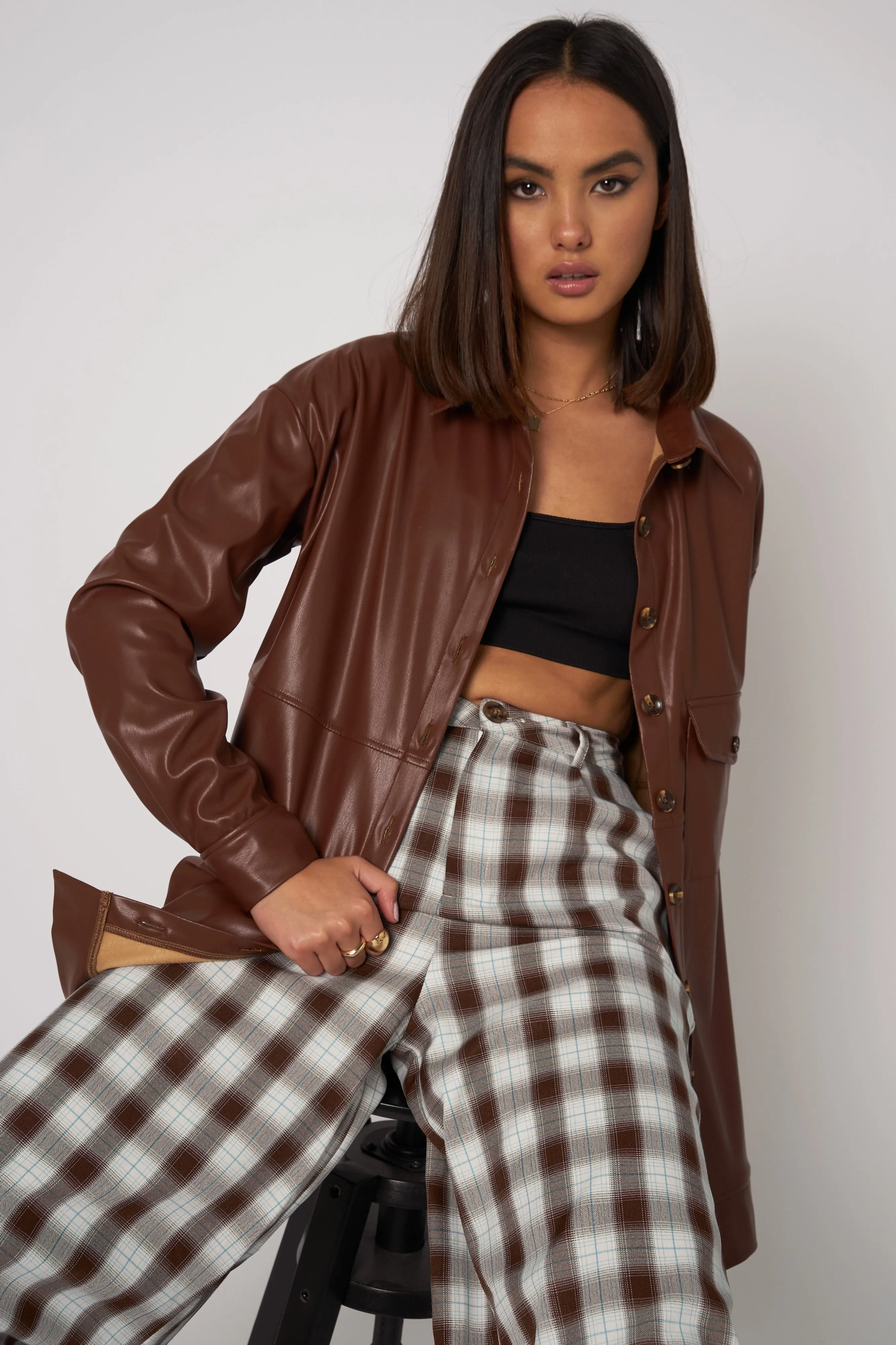 Daisy Street Brown PU Shacket