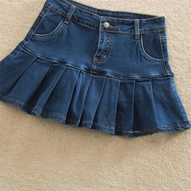 Denim Skirt With Ruffles Plus Size Jeans High Waist Pleated Bottom