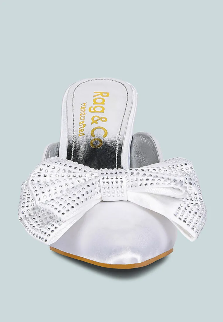 ELISDA White Embellished Bow High Heel Mules