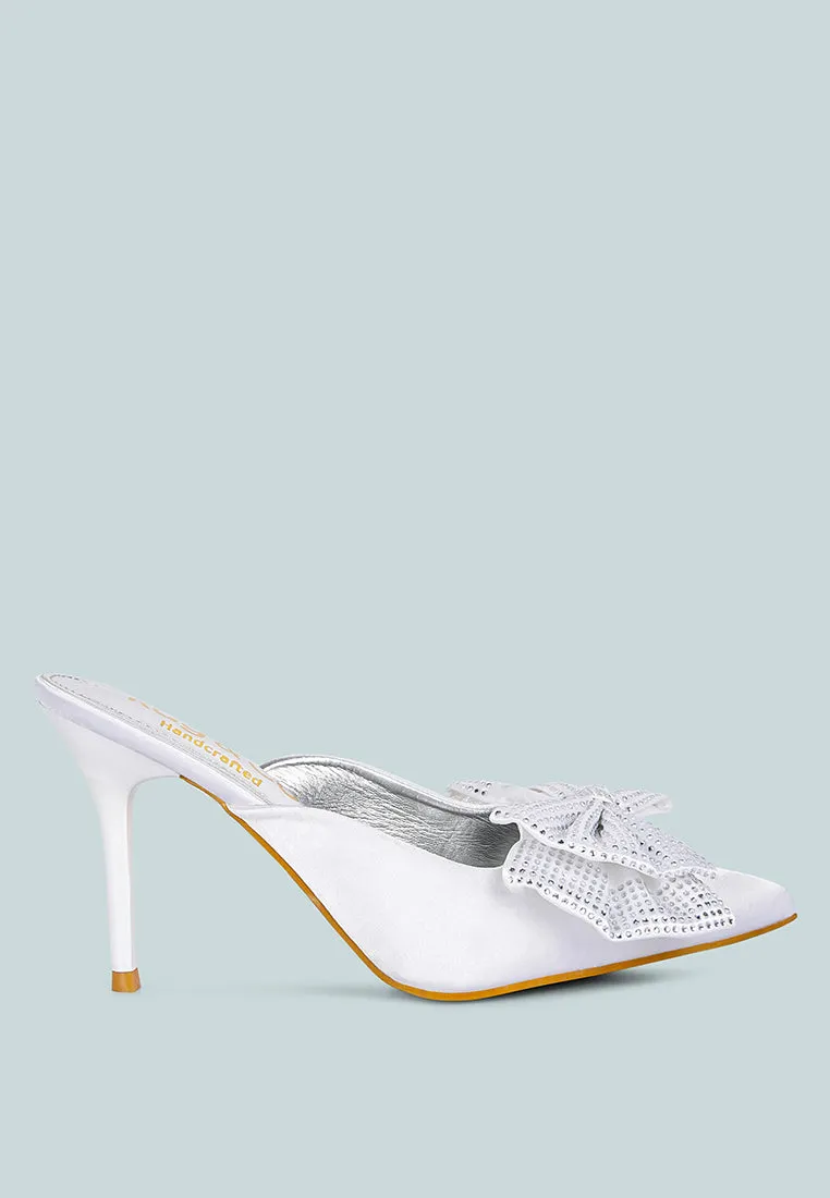 ELISDA White Embellished Bow High Heel Mules