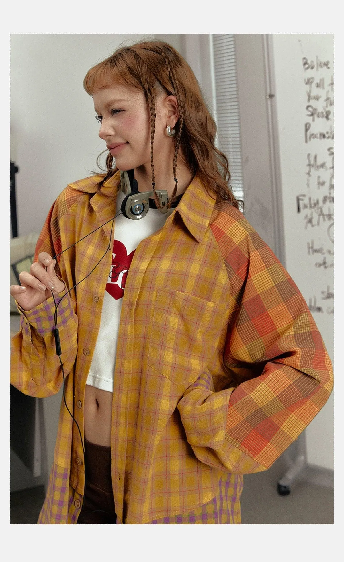 Ezek Mustard Plaid Oversized Shirt Jacket - Unisex Colorblock Flannel Shacket With Purple Checks