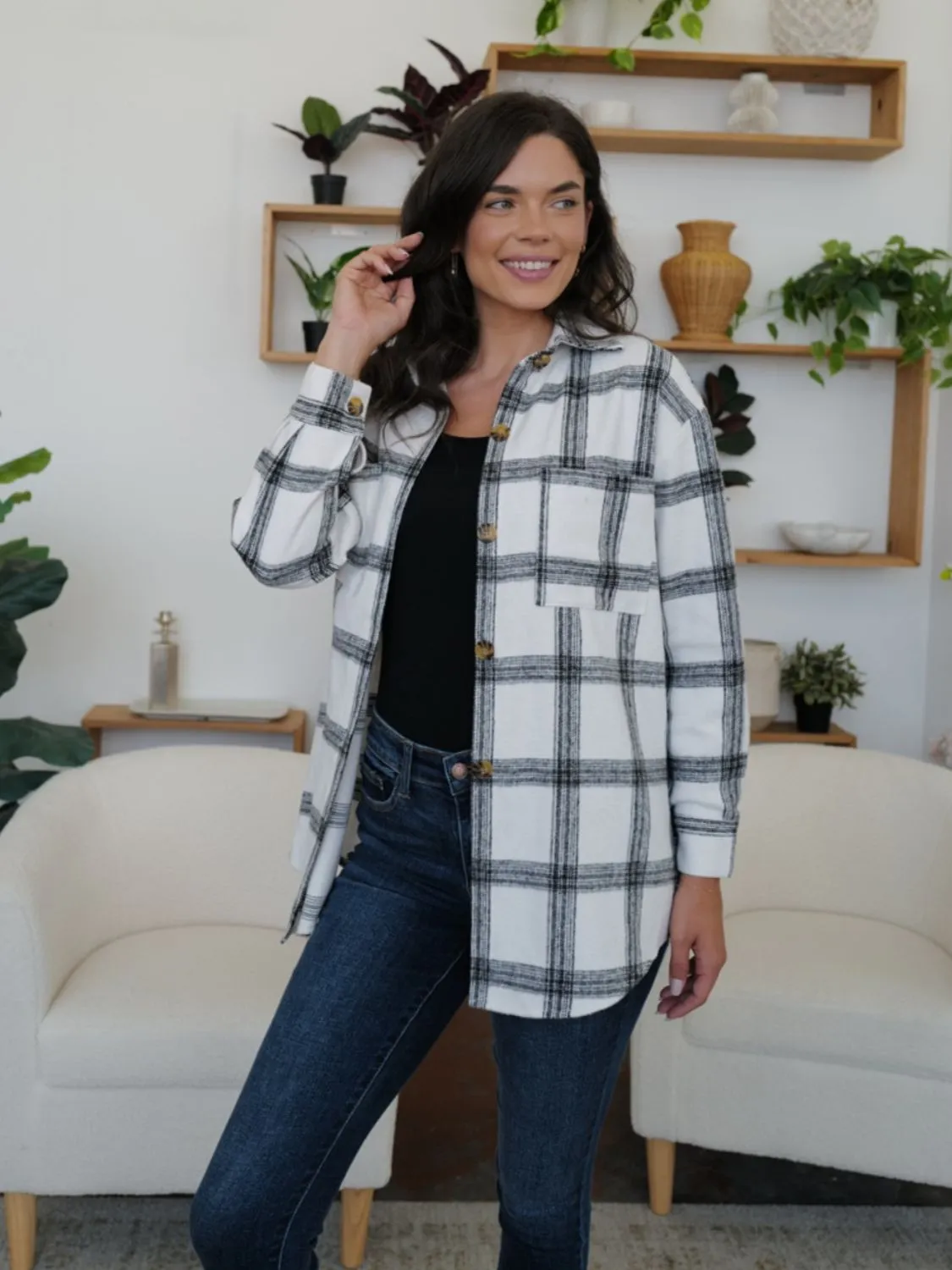 FAM-FAM Plaid Collared Neck Long Sleeve Shacket