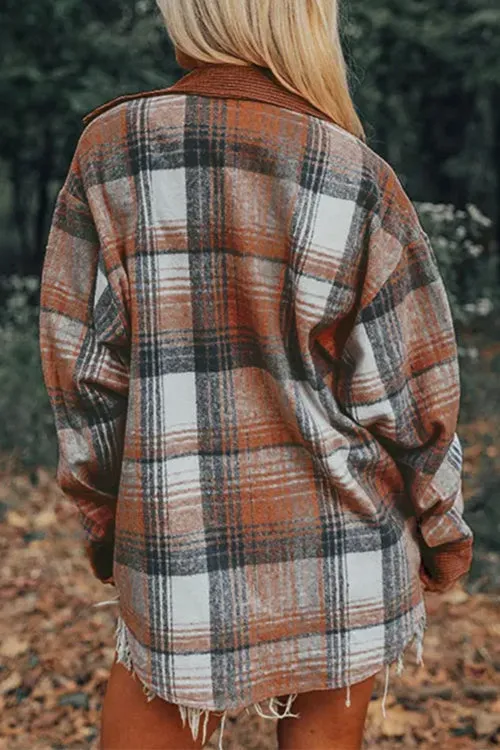 Febedress Button Up Corduroy Splice Plaid Shacket