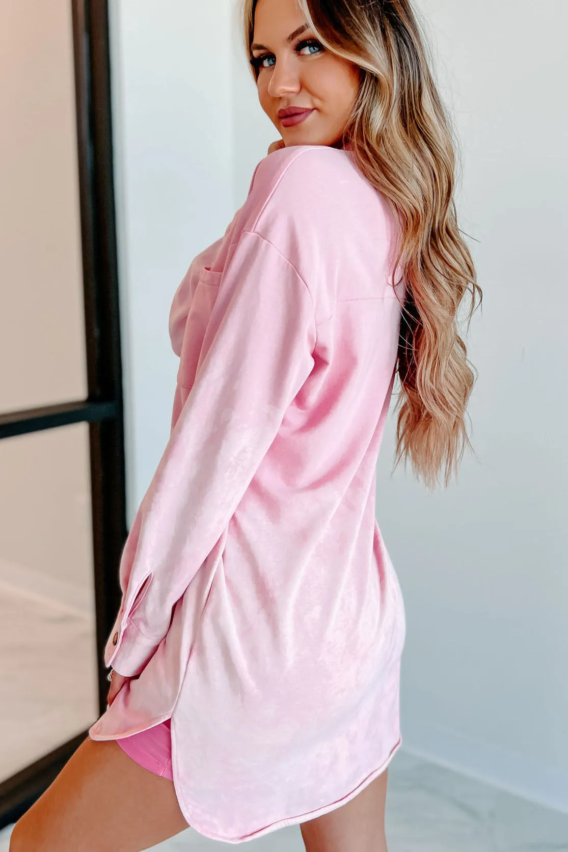 Feeling Light Hearted Bleach Dye Shacket Dress (Pink)