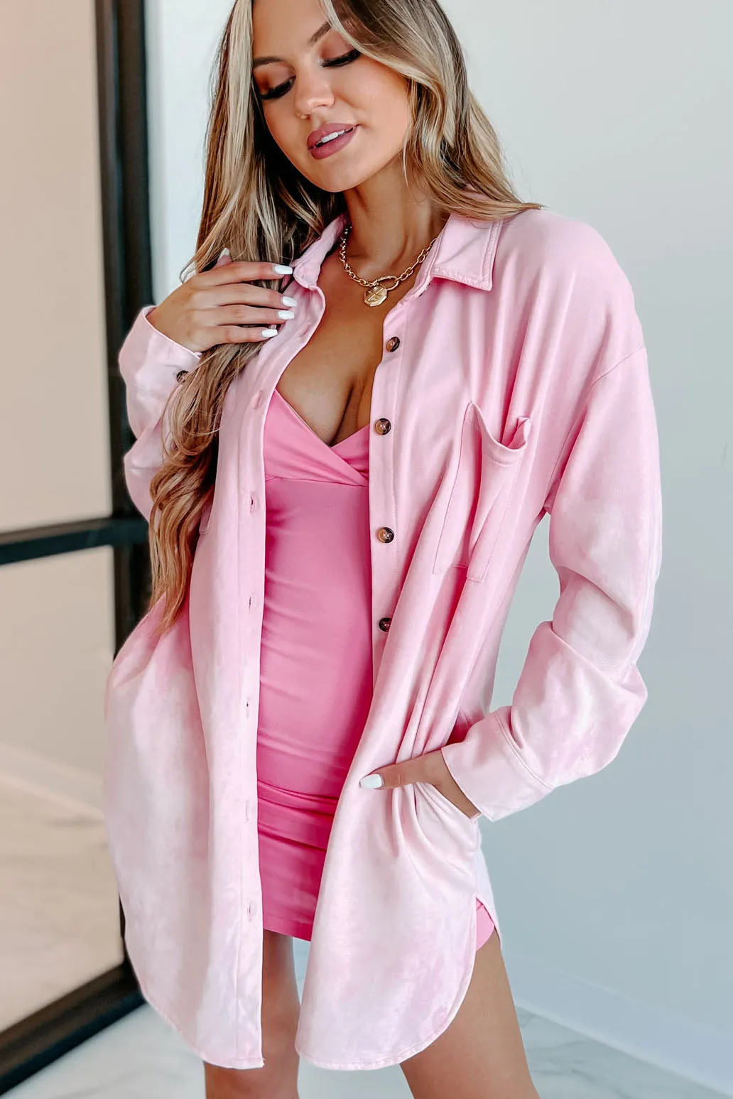 Feeling Light Hearted Bleach Dye Shacket Dress (Pink)