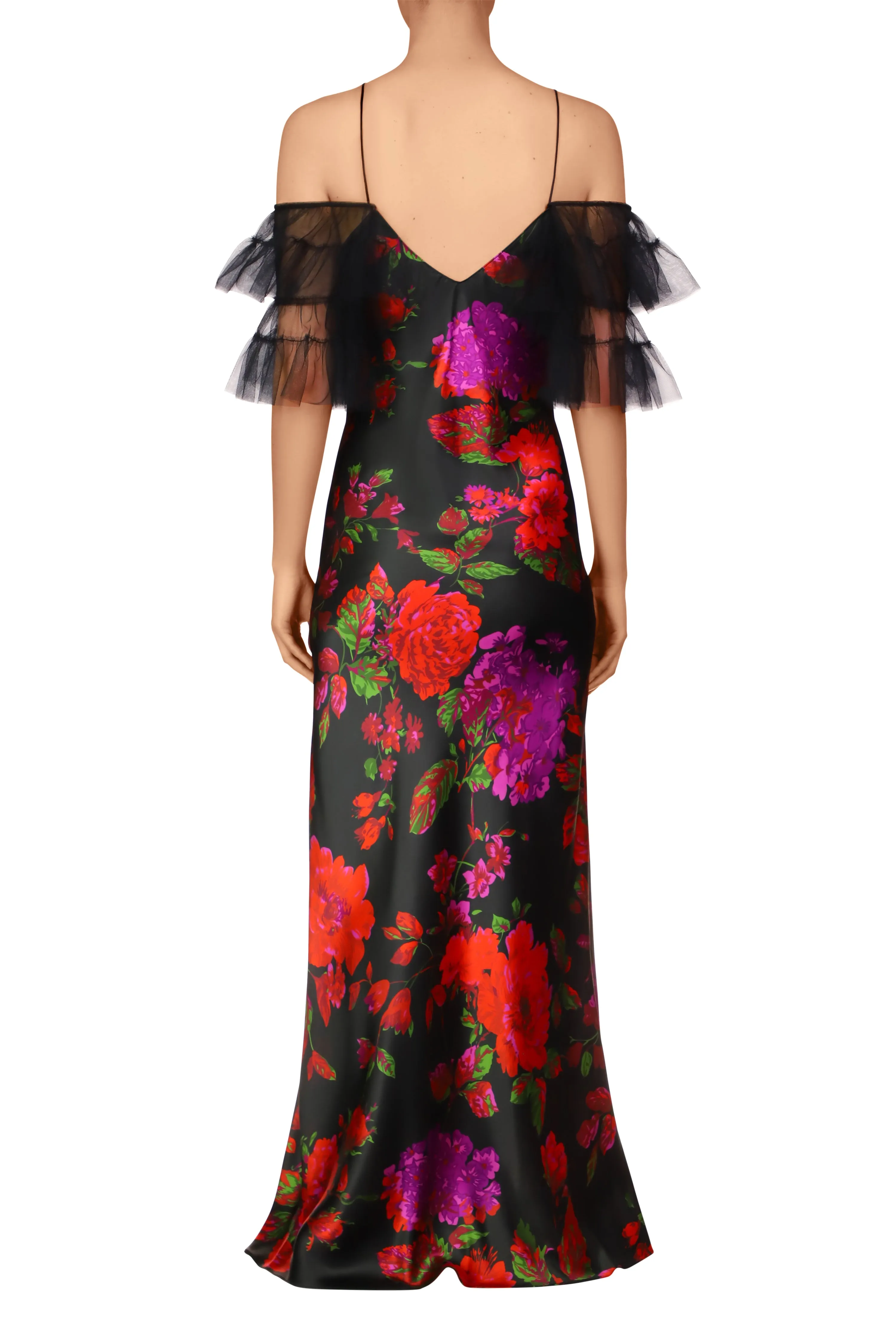 Floral Printed Silk Bias Slip Gown With Ruffle Sleeves And Silk Flower