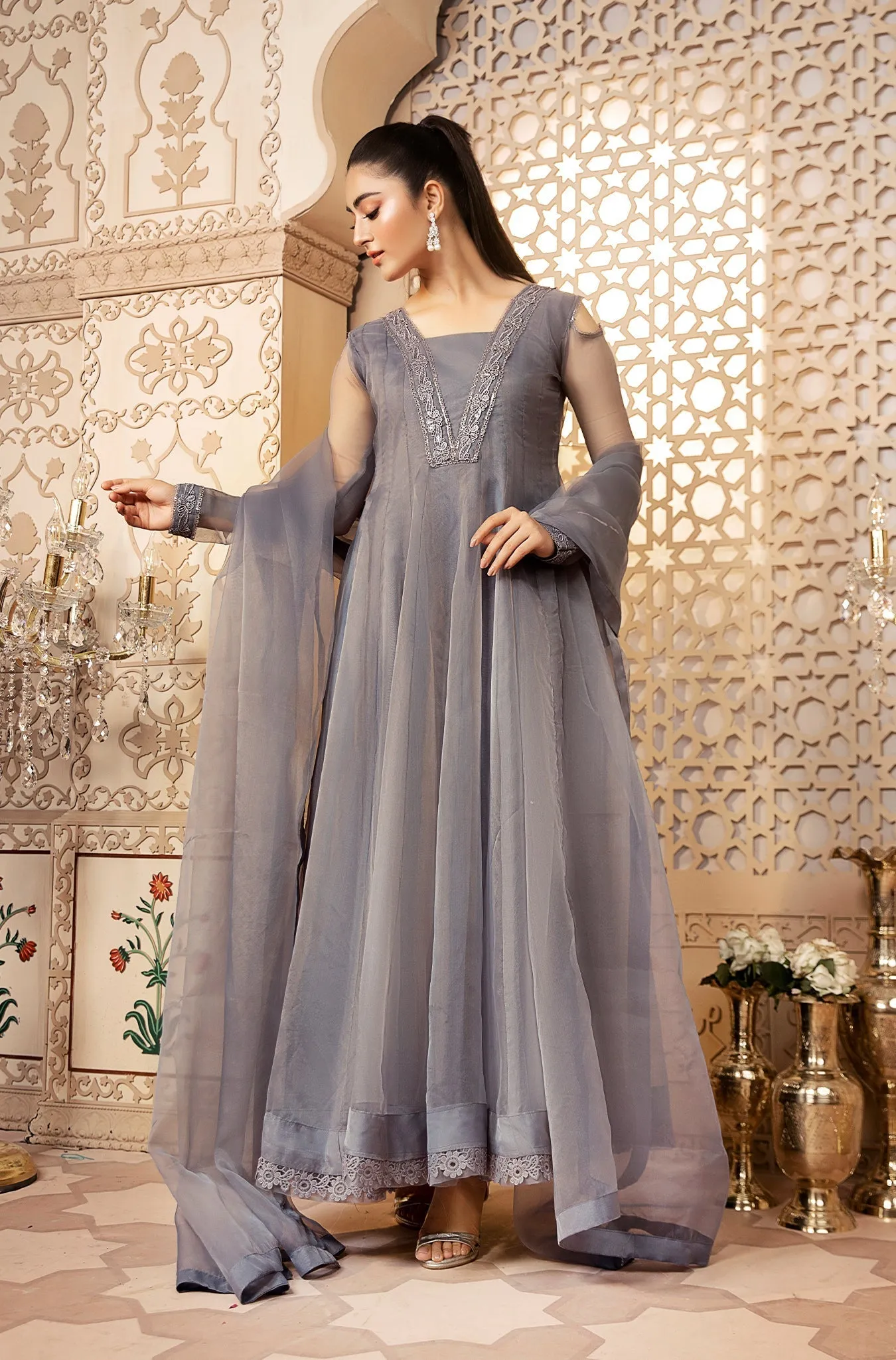 Grey Organza Formal Dress with Embellished Dupatta (Amelia Grey)