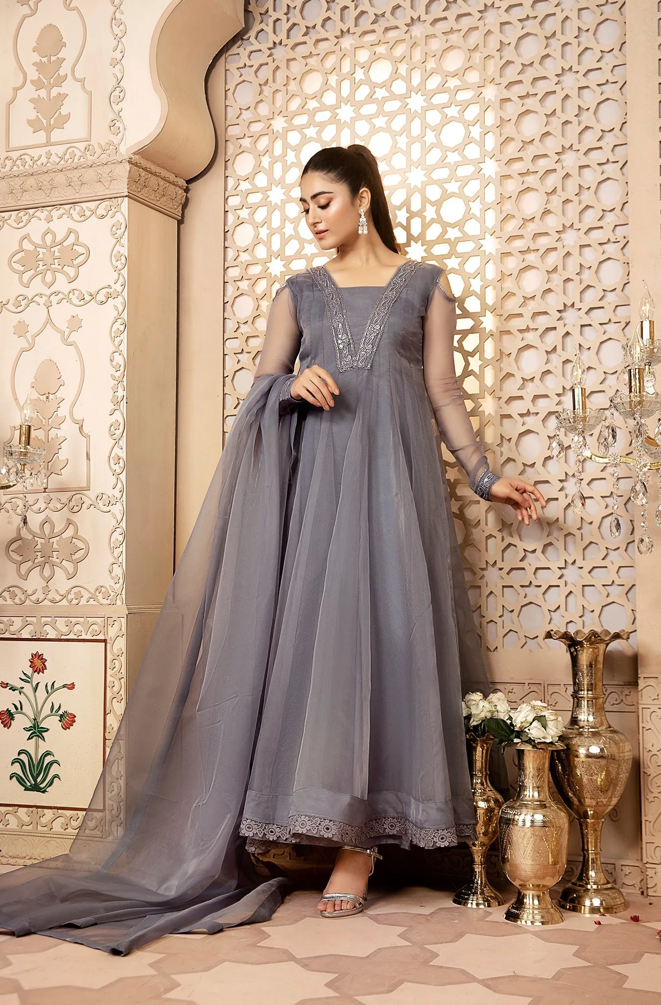 Grey Organza Formal Dress with Embellished Dupatta (Amelia Grey)