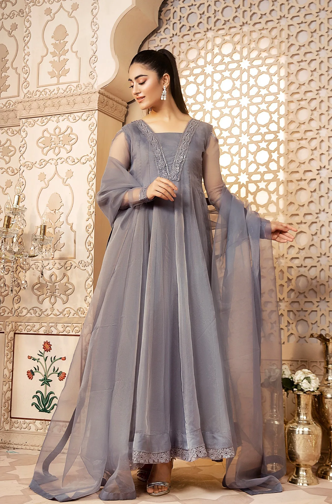 Grey Organza Formal Dress with Embellished Dupatta (Amelia Grey)