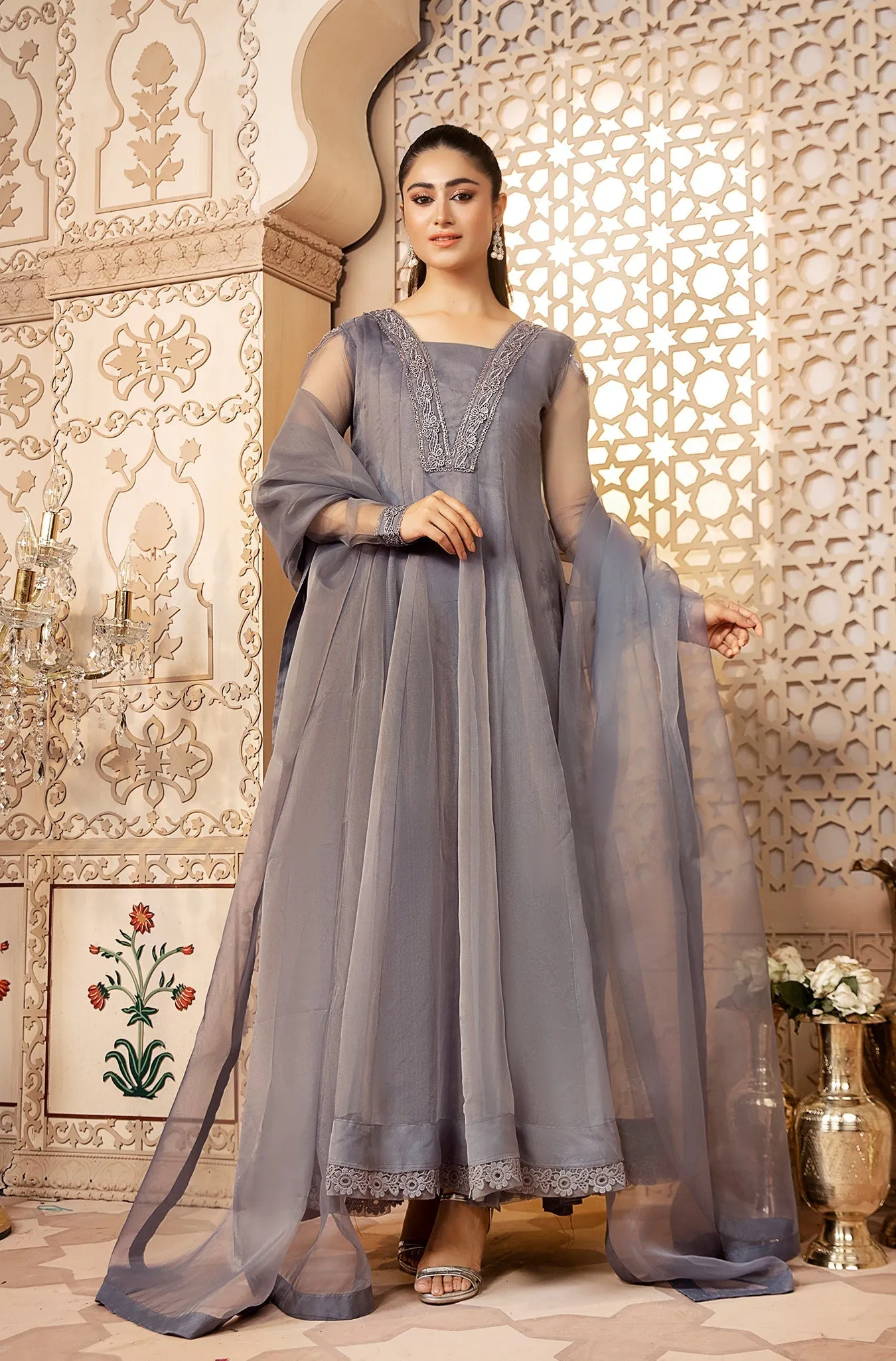 Grey Organza Formal Dress with Embellished Dupatta (Amelia Grey)