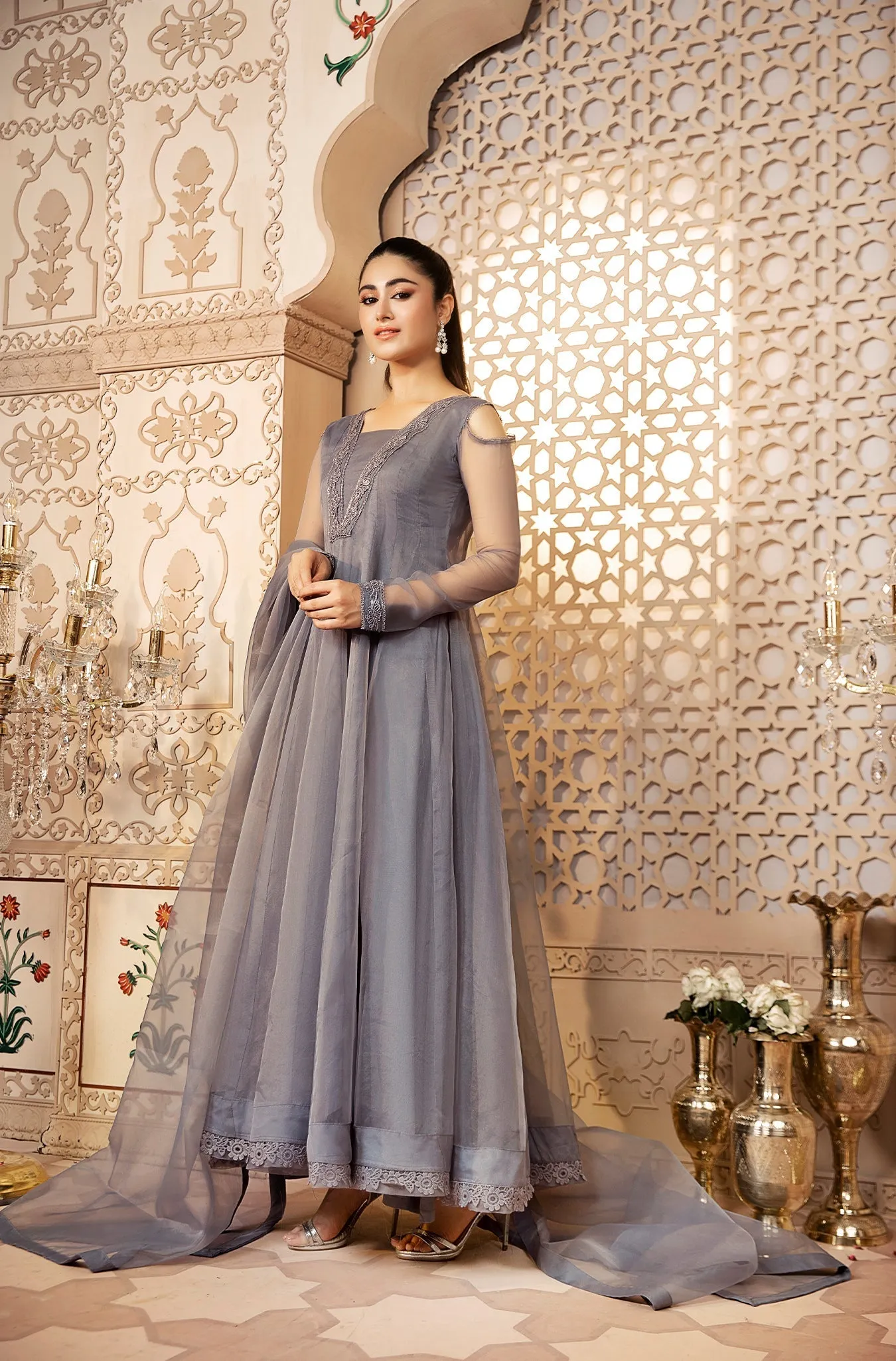 Grey Organza Formal Dress with Embellished Dupatta (Amelia Grey)