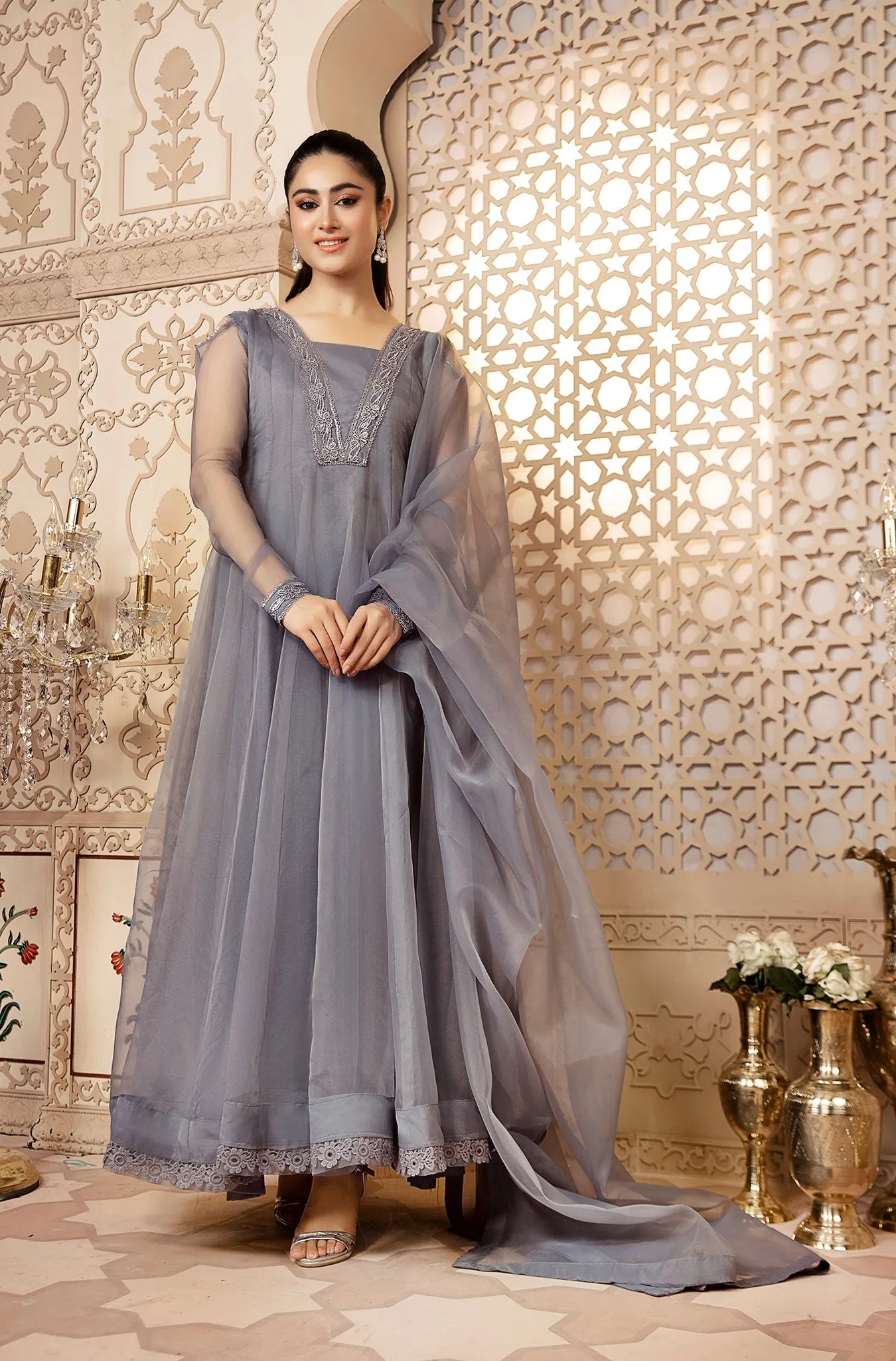 Grey Organza Formal Dress with Embellished Dupatta (Amelia Grey)