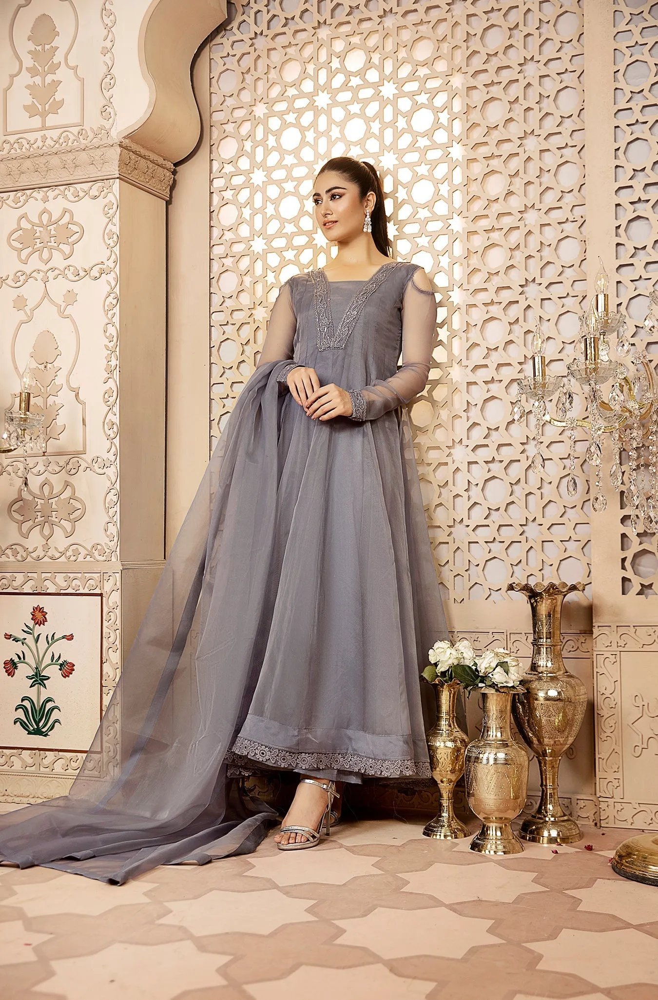 Grey Organza Formal Dress with Embellished Dupatta (Amelia Grey)