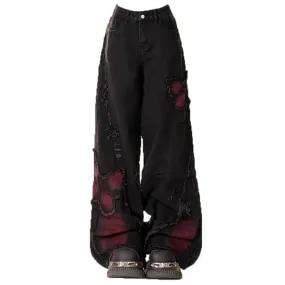 Grunge Aesthetic Black & Red Butterfly Jeans