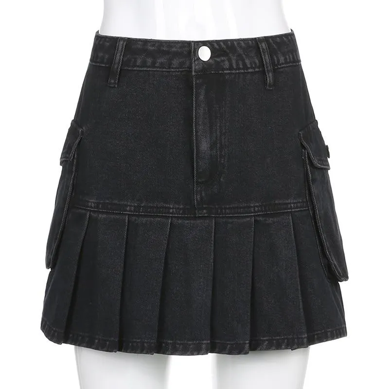 High Waist Jean Skirts Denim Pleated Skirts with Big Pockets Outfit