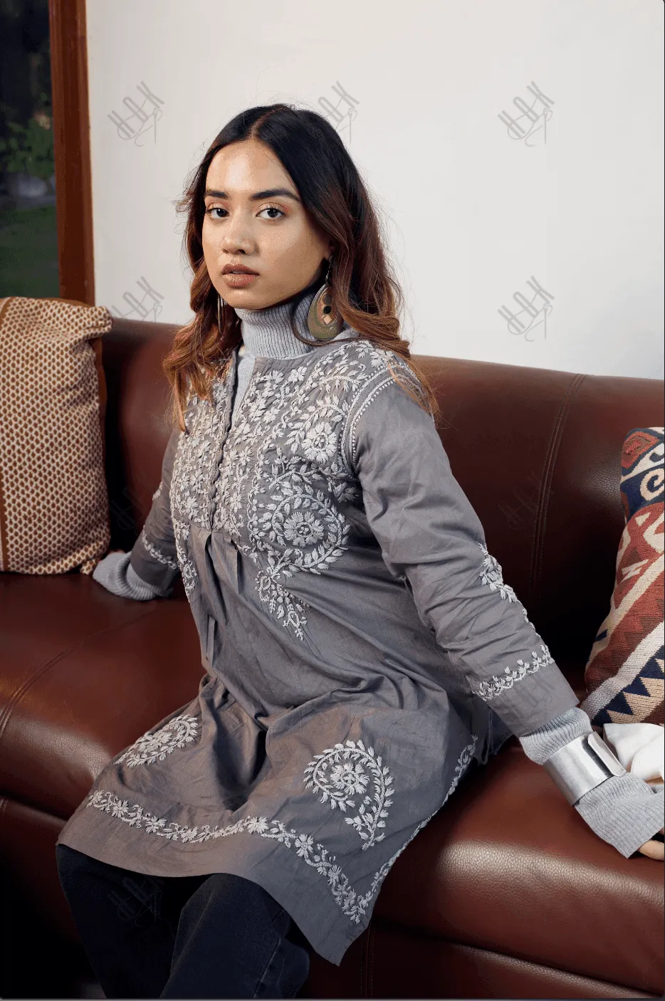 HOK Chikankari Short Tunic for Women -Grey