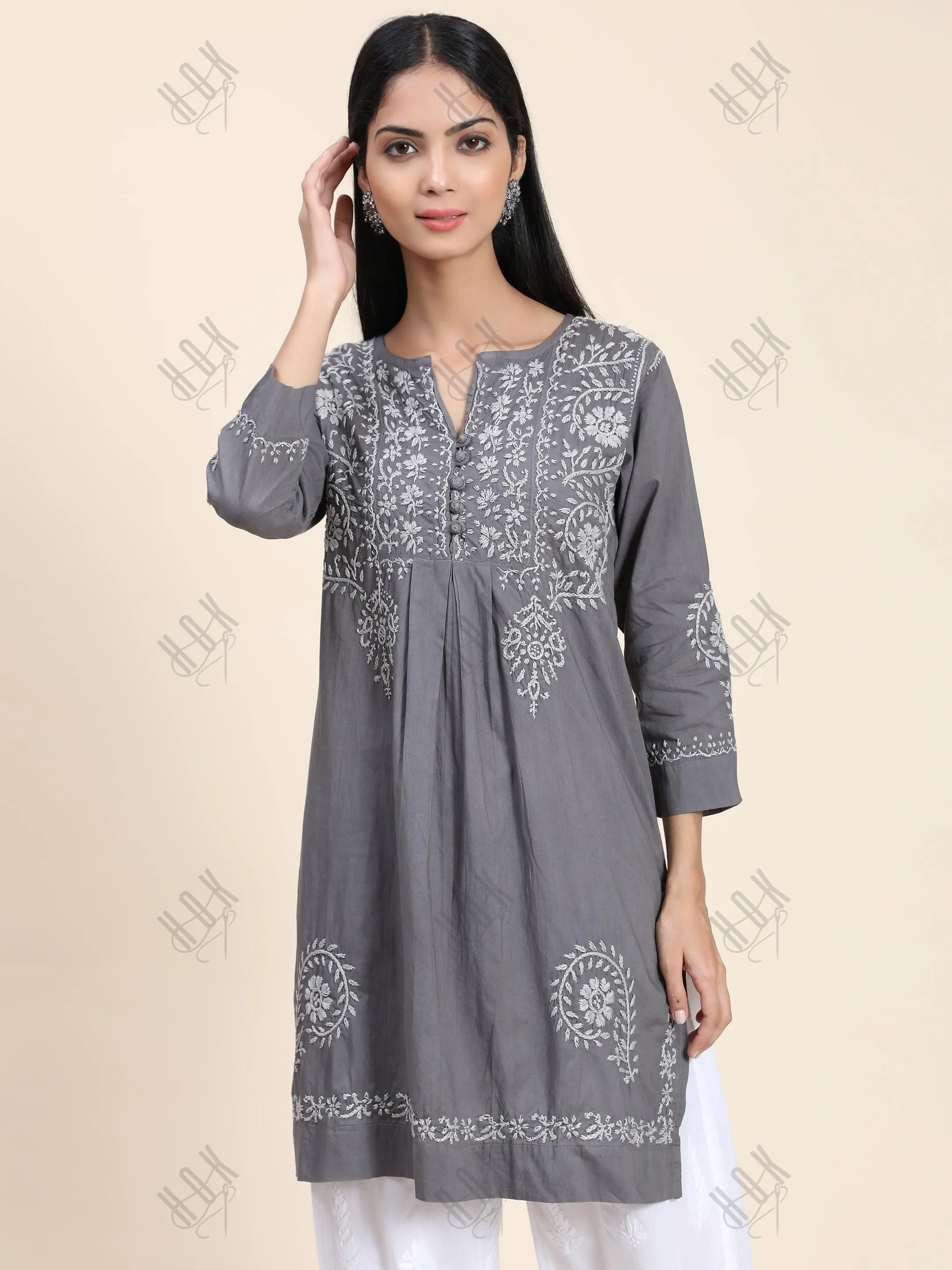 HOK Chikankari Short Tunic for Women -Grey