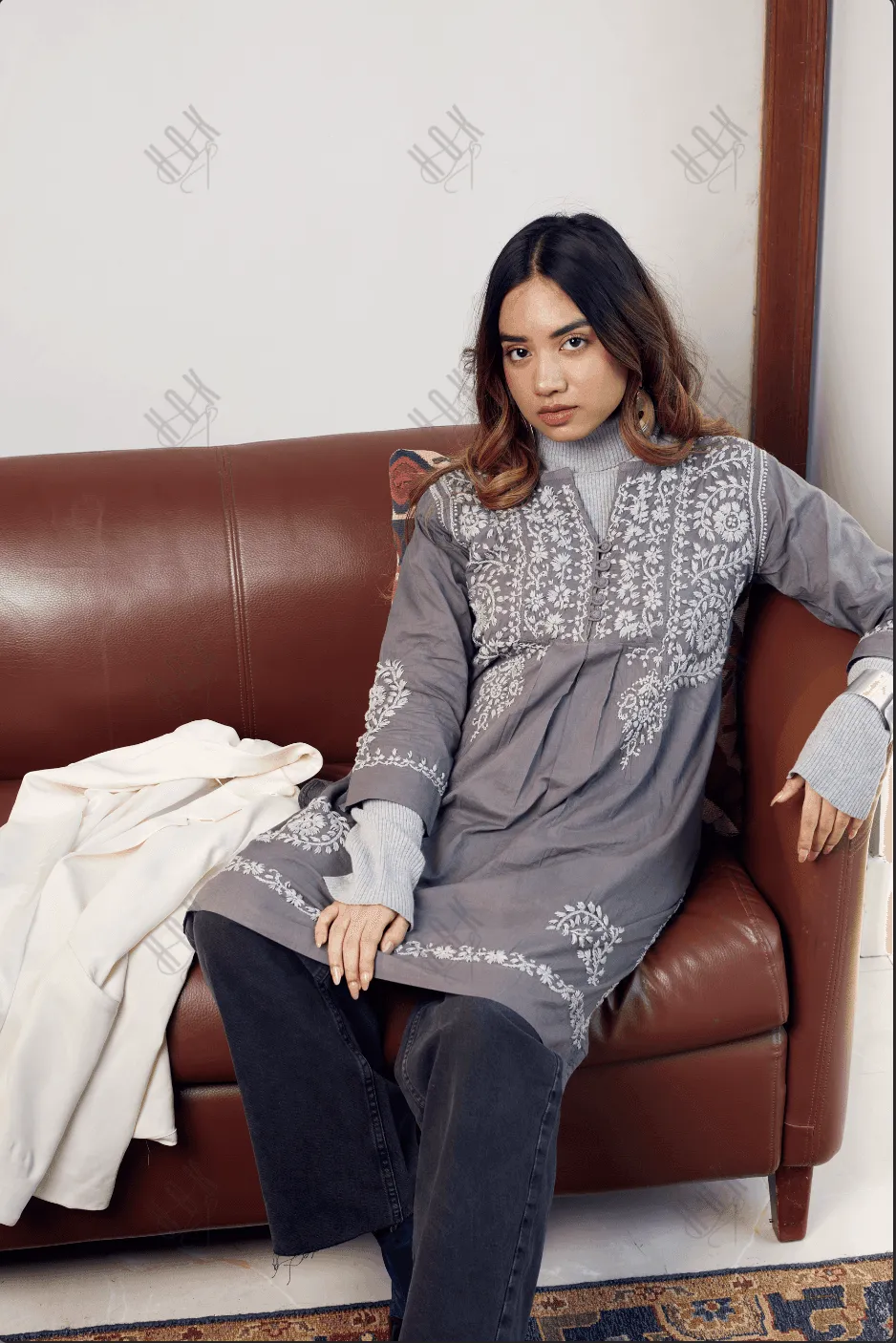 HOK Chikankari Short Tunic for Women -Grey