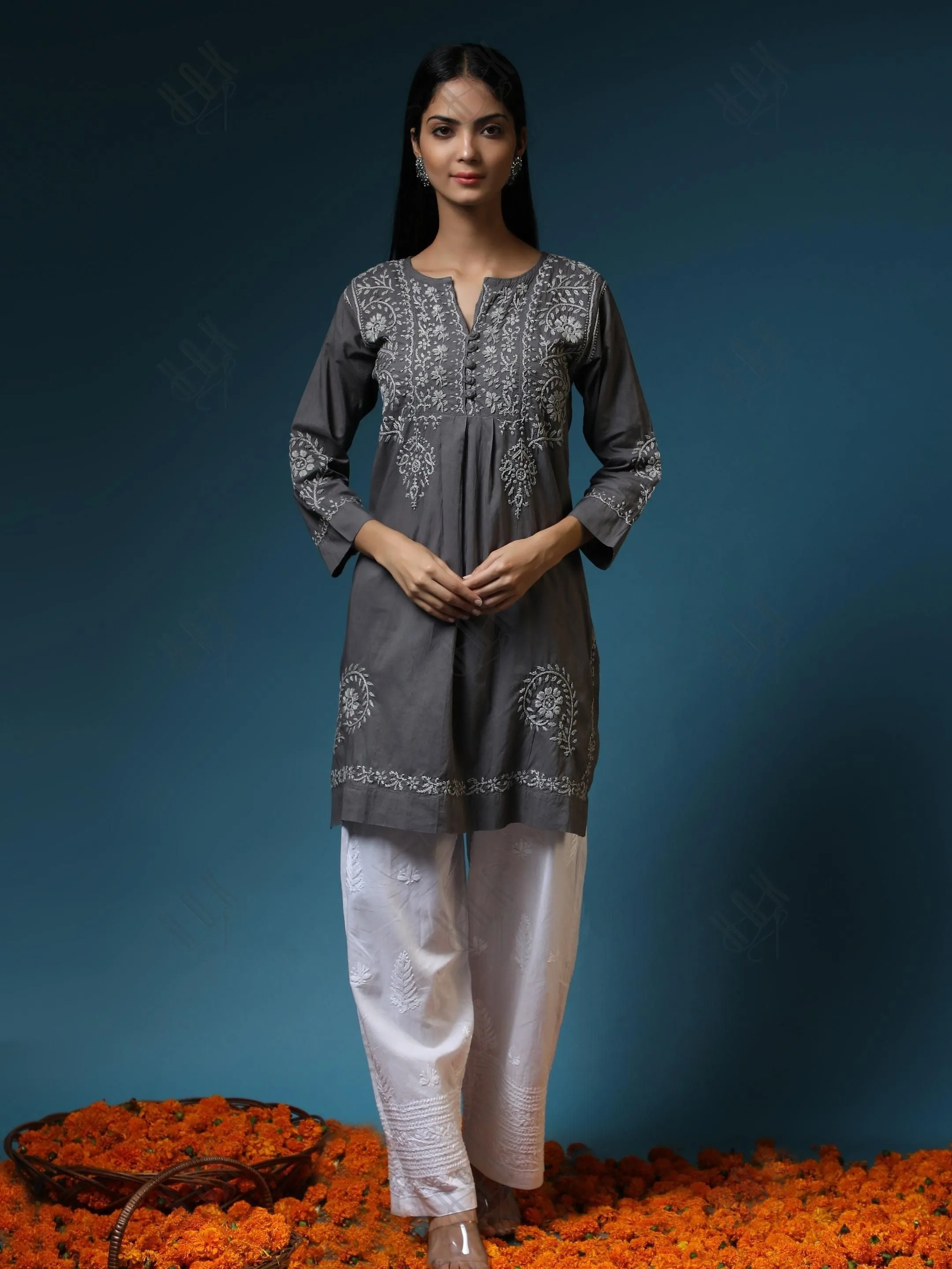 HOK Chikankari Short Tunic for Women -Grey