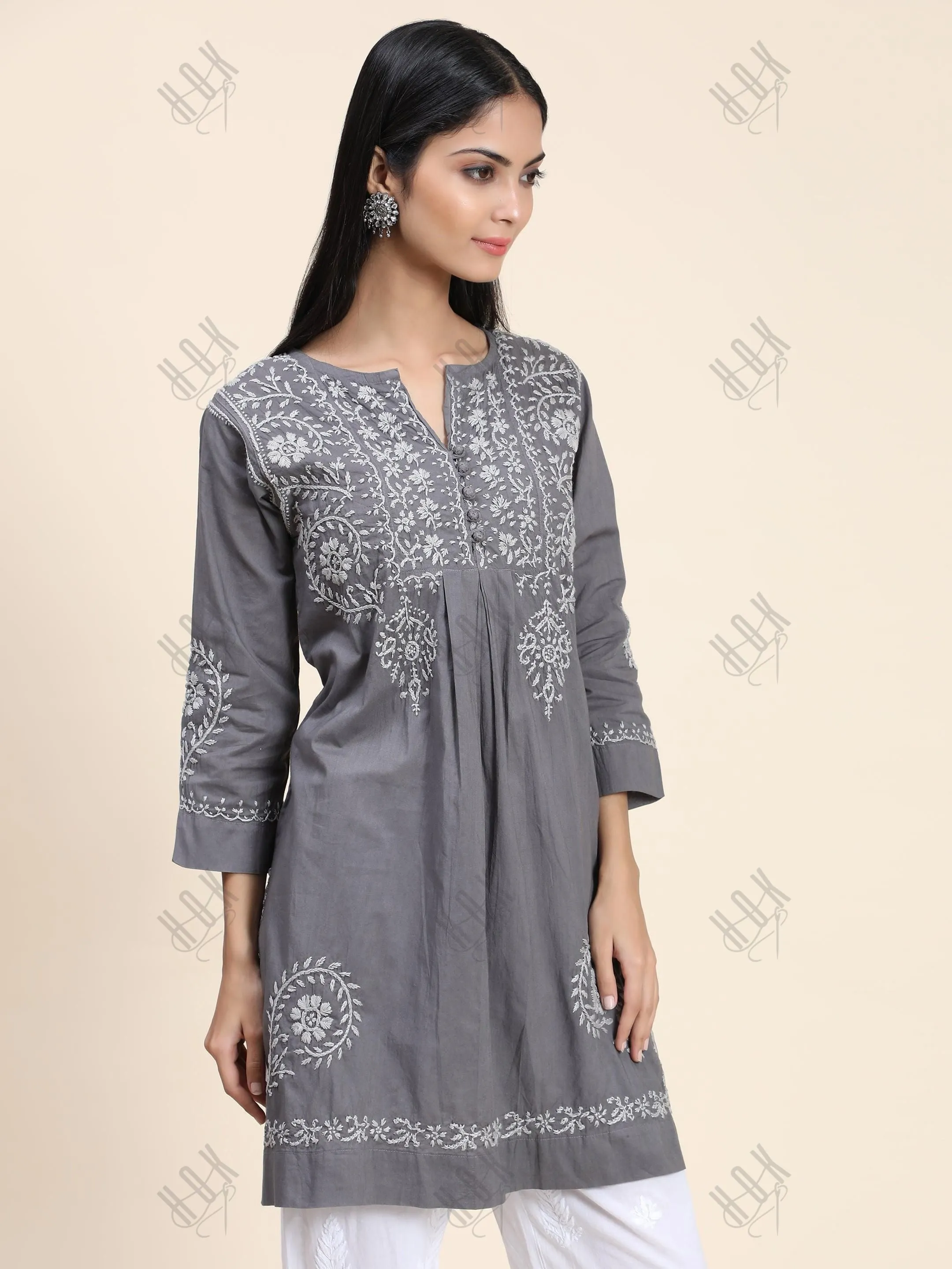 HOK Chikankari Short Tunic for Women -Grey