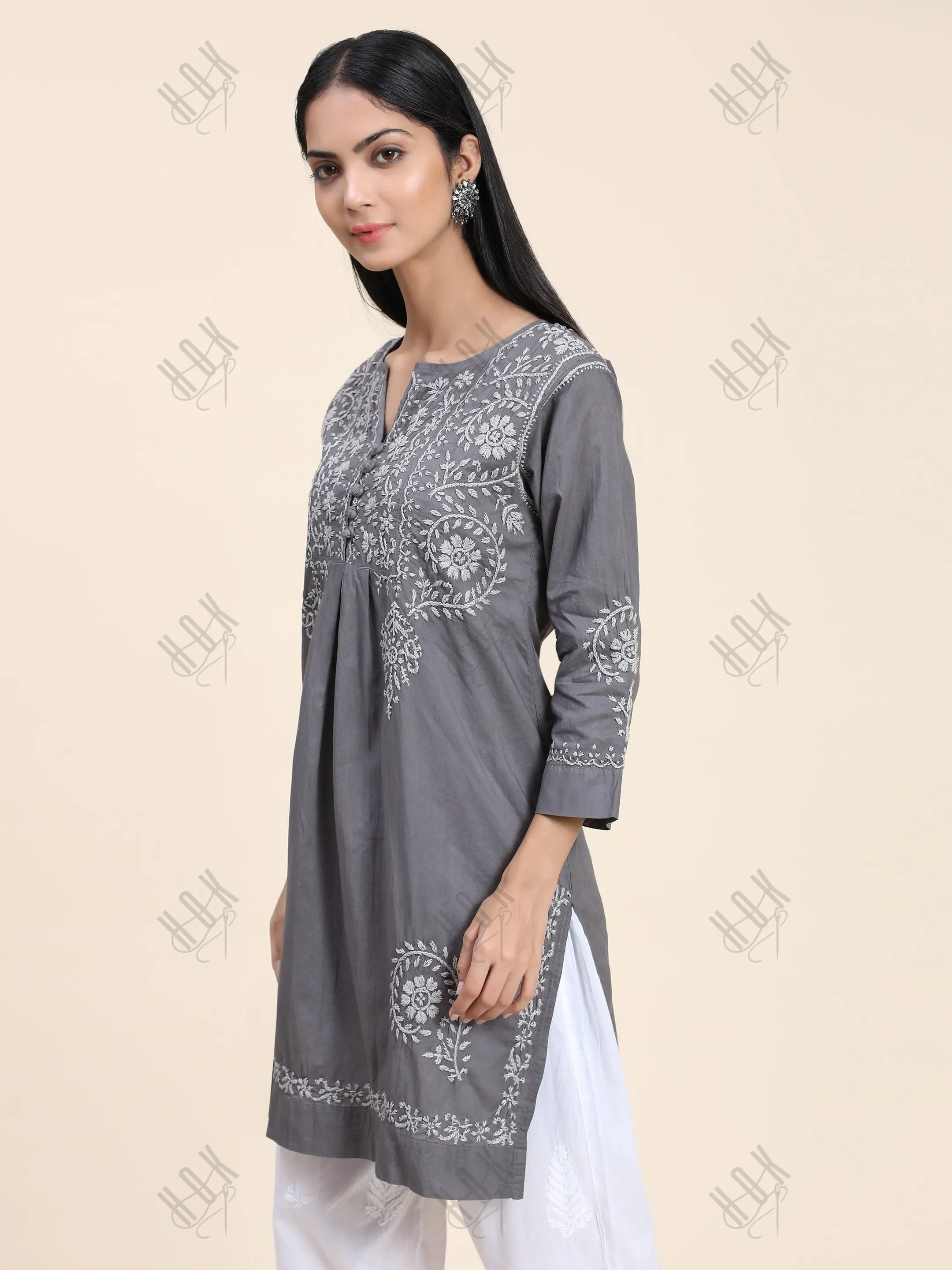 HOK Chikankari Short Tunic for Women -Grey