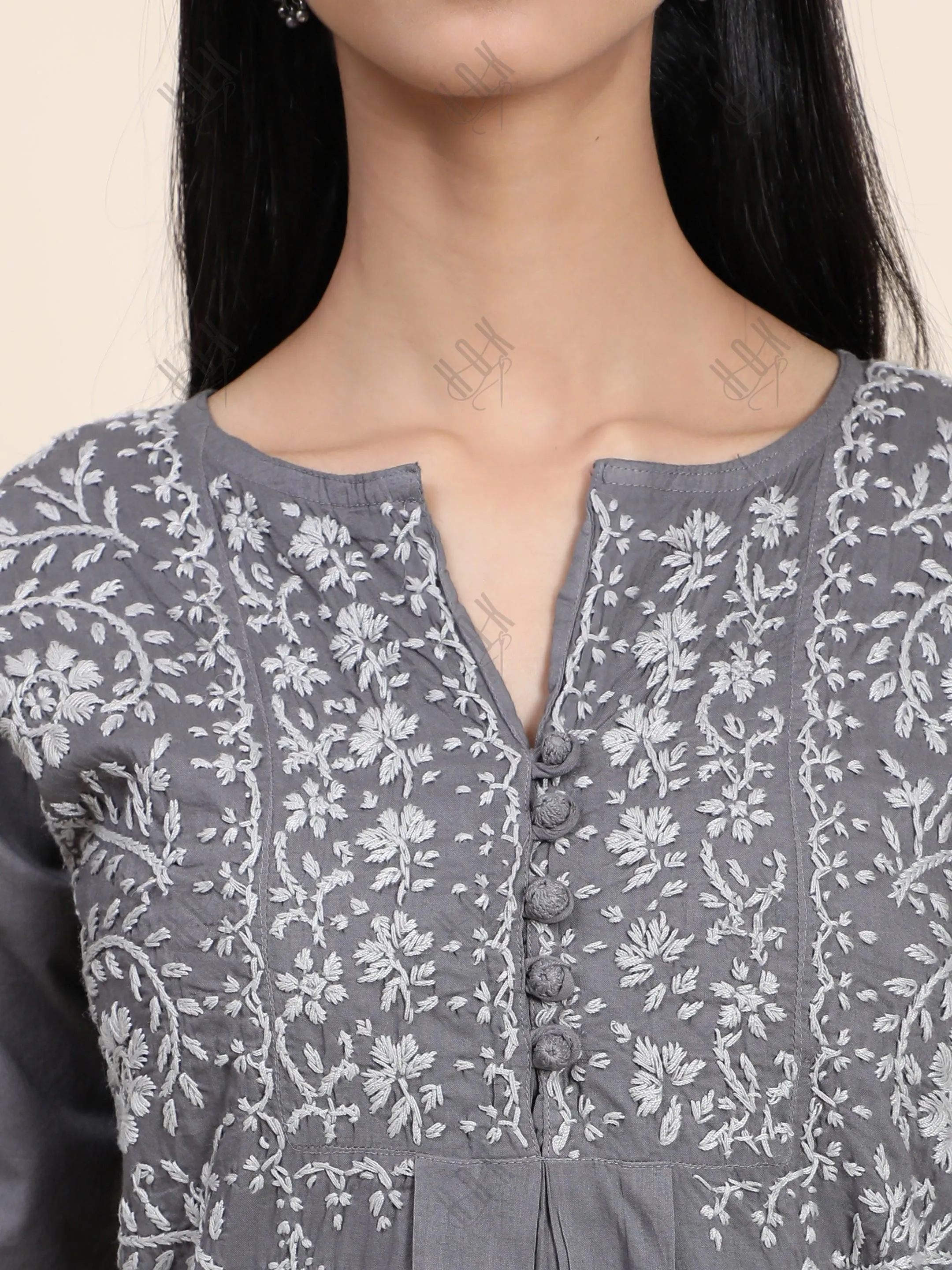 HOK Chikankari Short Tunic for Women -Grey