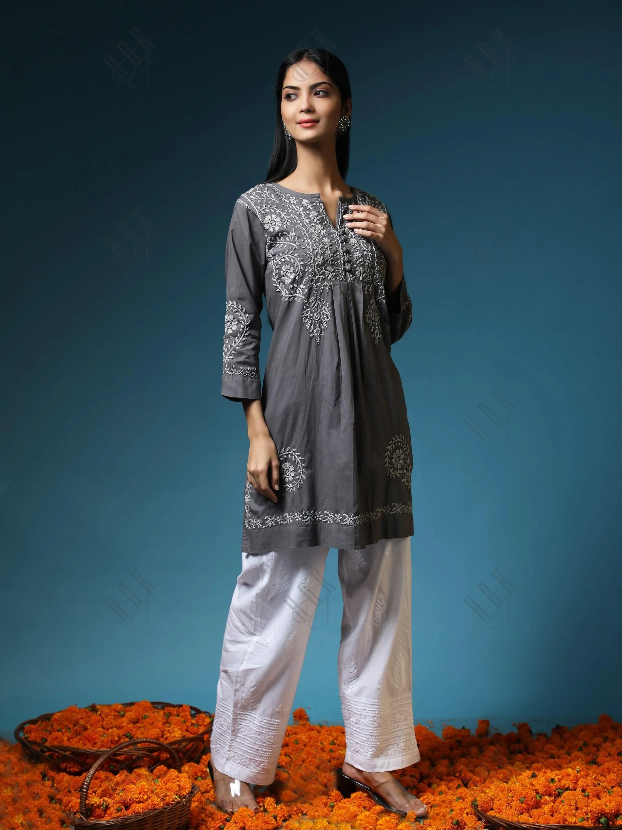 HOK Chikankari Short Tunic for Women -Grey