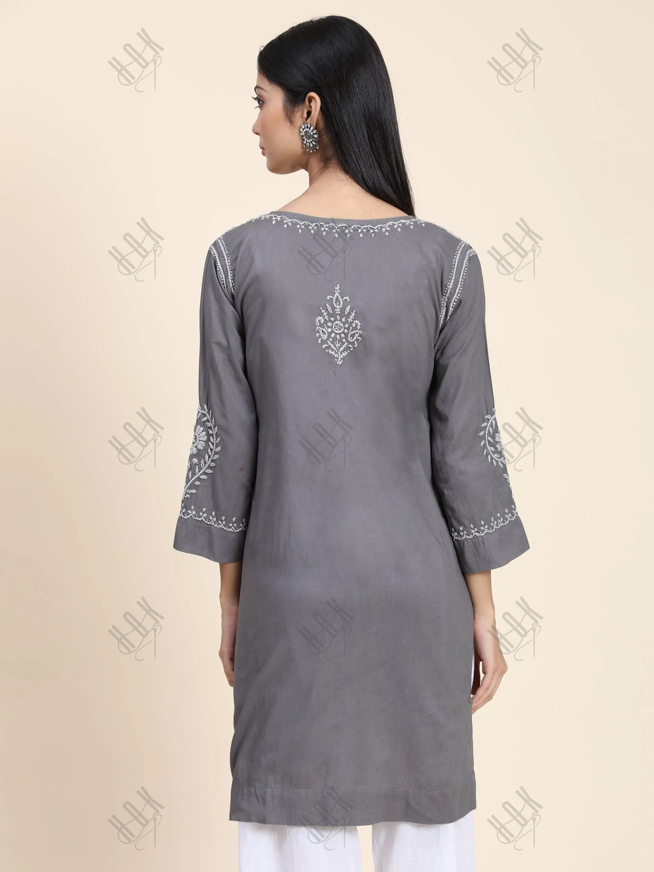 HOK Chikankari Short Tunic for Women -Grey