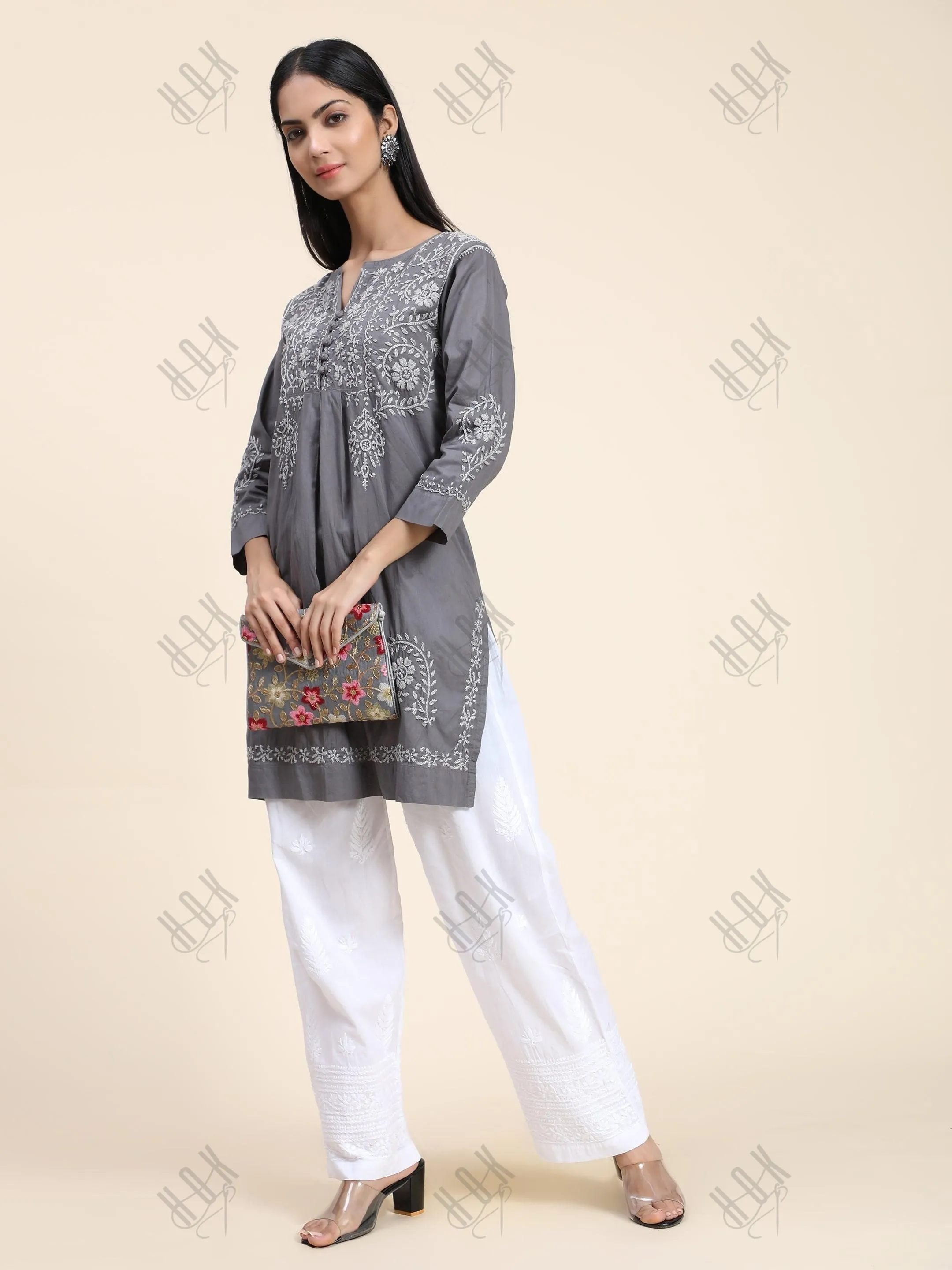 HOK Chikankari Short Tunic for Women -Grey