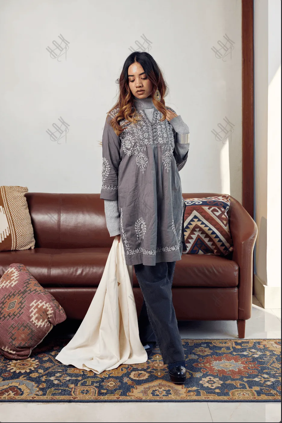 HOK Chikankari Short Tunic for Women -Grey