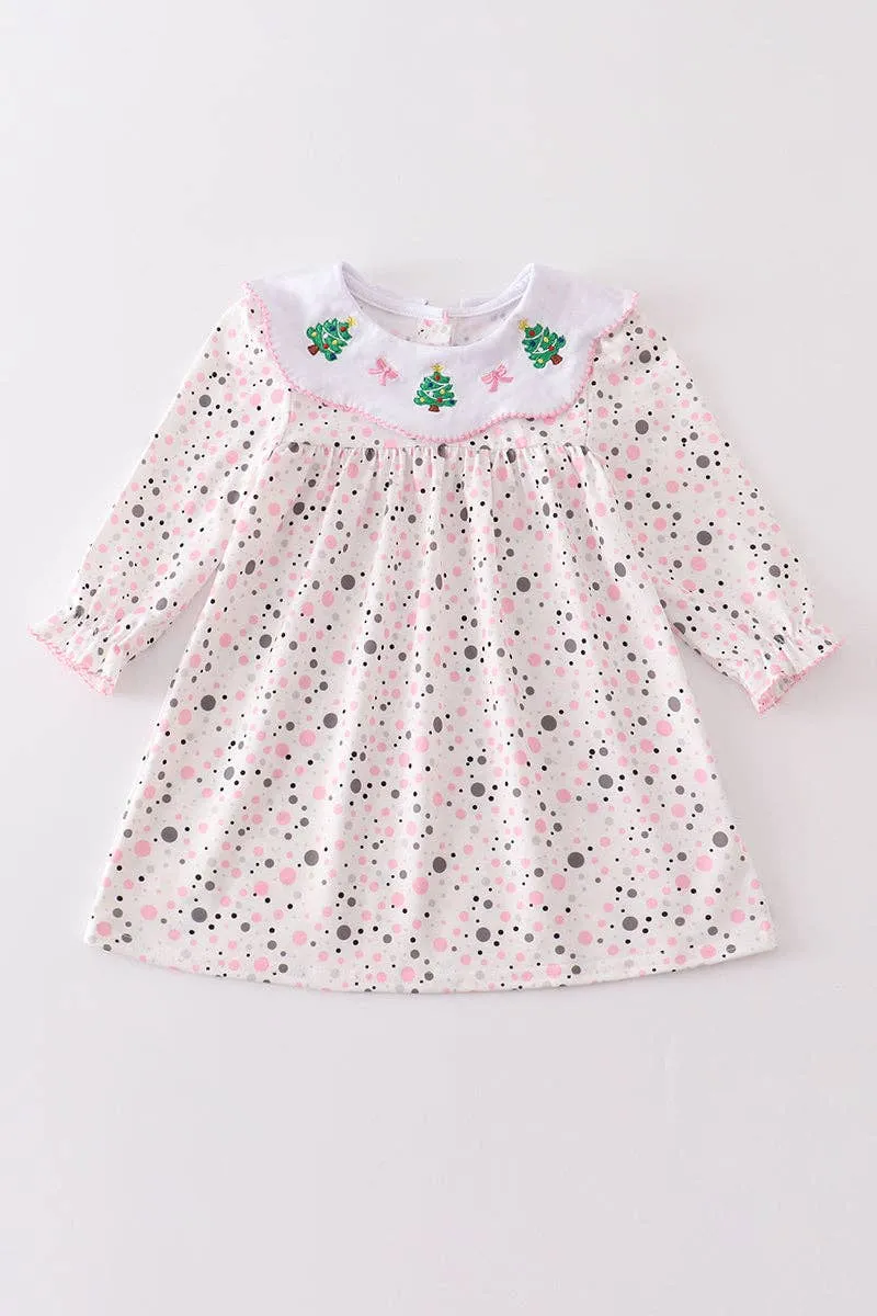 Honeydew - Christmas tree embroidery dot print dress