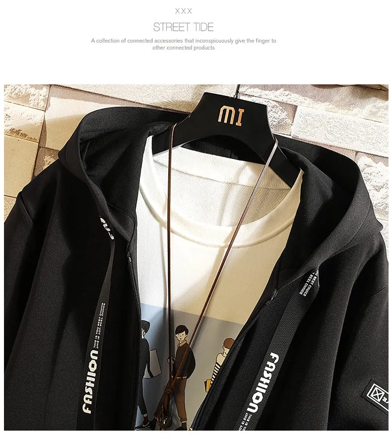 Hooded Jackets Print Harajuku Windbreaker Ribbon Overcoat Male Casual Outwear Hip Hop Streetwear Coats