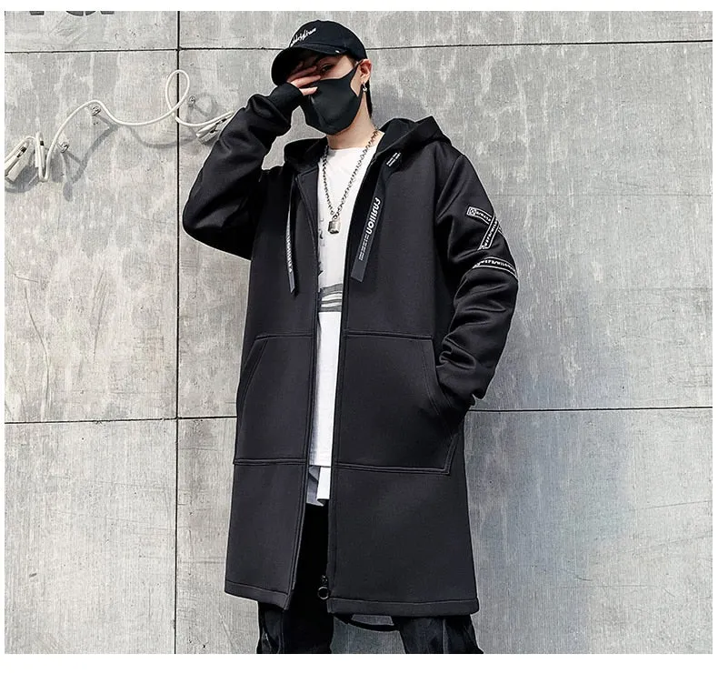 Hooded Jackets Print Harajuku Windbreaker Ribbon Overcoat Male Casual Outwear Hip Hop Streetwear Coats