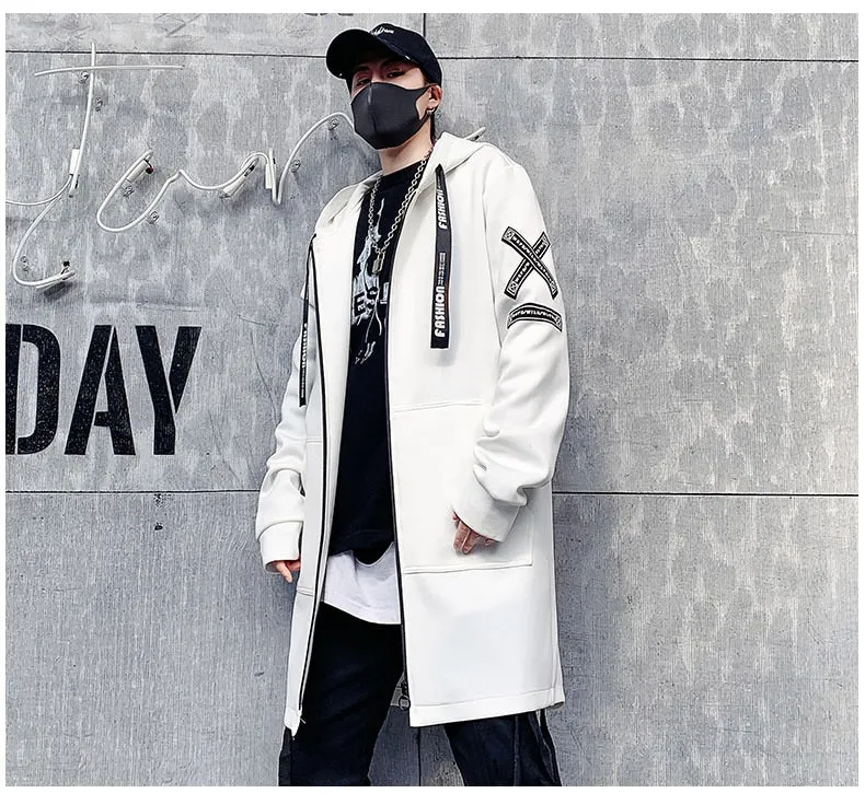 Hooded Jackets Print Harajuku Windbreaker Ribbon Overcoat Male Casual Outwear Hip Hop Streetwear Coats