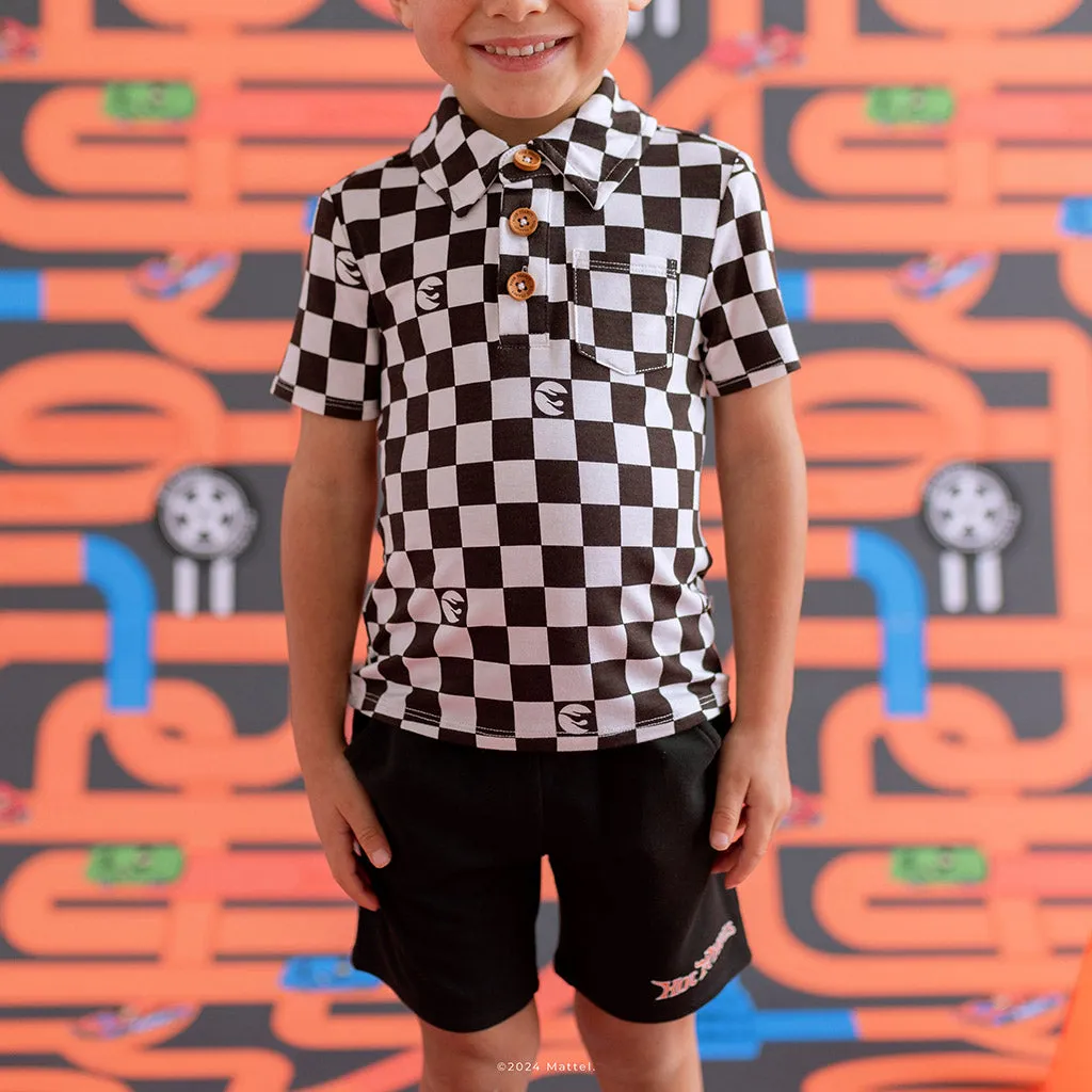 Hot Wheels™ Retro Checker Short Sleeve Collared Henley Top