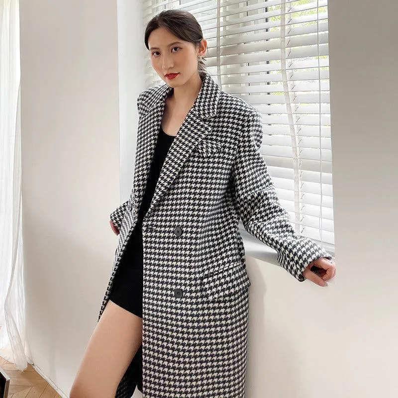 Houndstooth Oversized Long Wool Coat