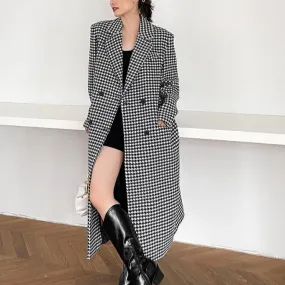 Houndstooth Oversized Long Wool Coat