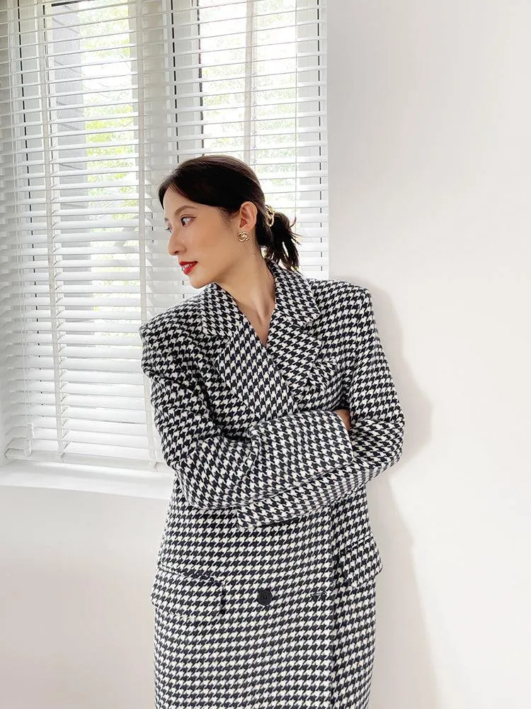 Houndstooth Oversized Long Wool Coat