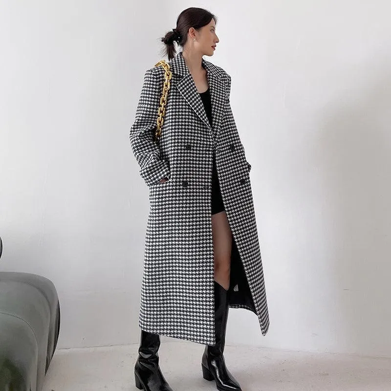 Houndstooth Oversized Long Wool Coat