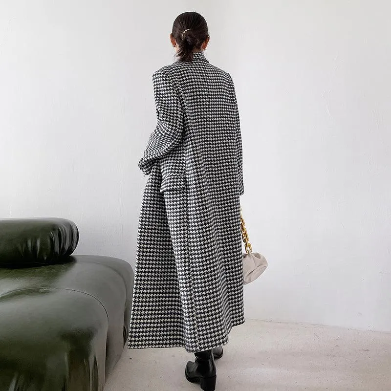 Houndstooth Oversized Long Wool Coat