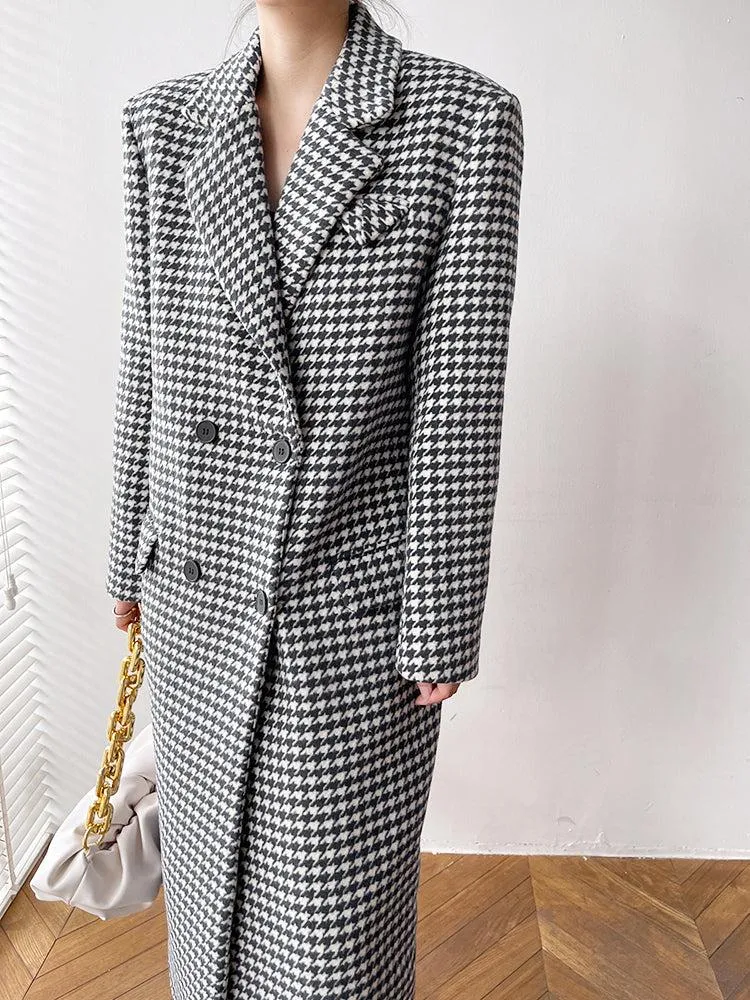 Houndstooth Oversized Long Wool Coat