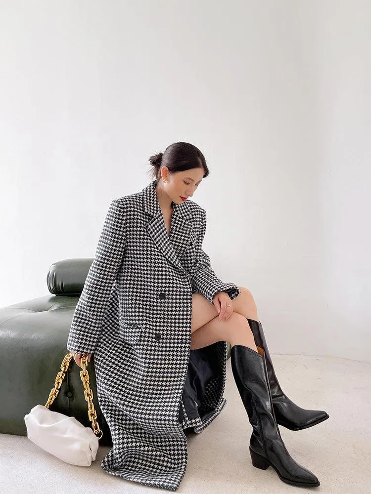 Houndstooth Oversized Long Wool Coat