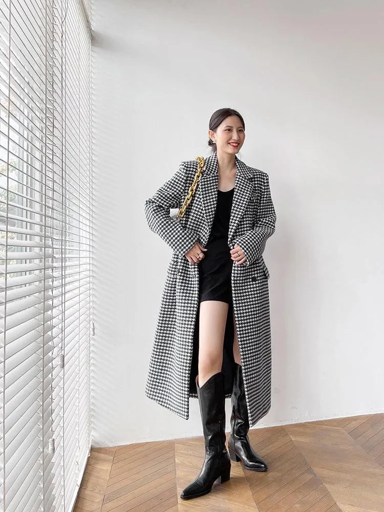 Houndstooth Oversized Long Wool Coat