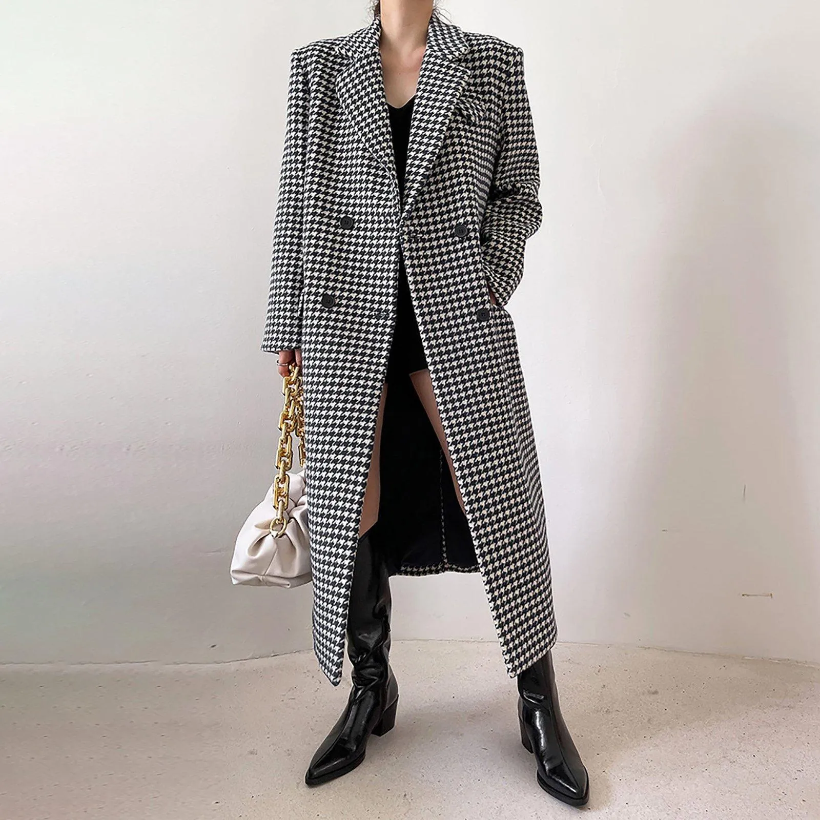 Houndstooth Oversized Long Wool Coat