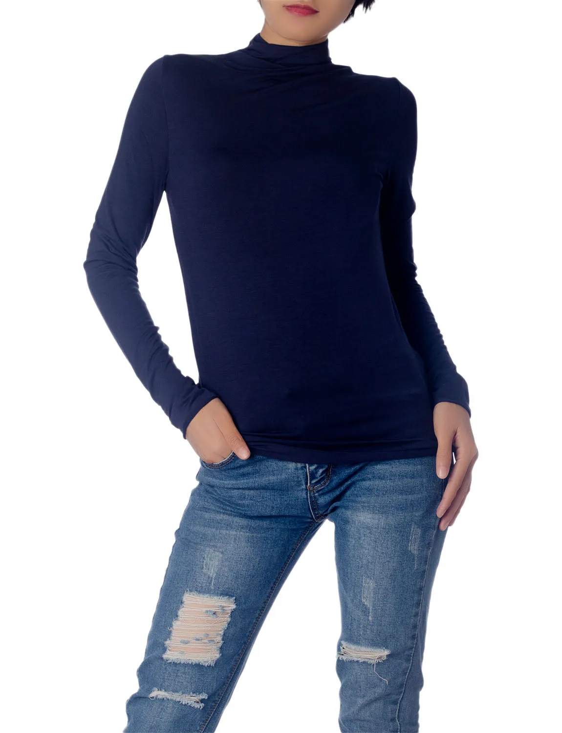 iB-iP Women's Tops Turtleneck Slim Fit Long Sleeve High Neck Cozy Silky Henley