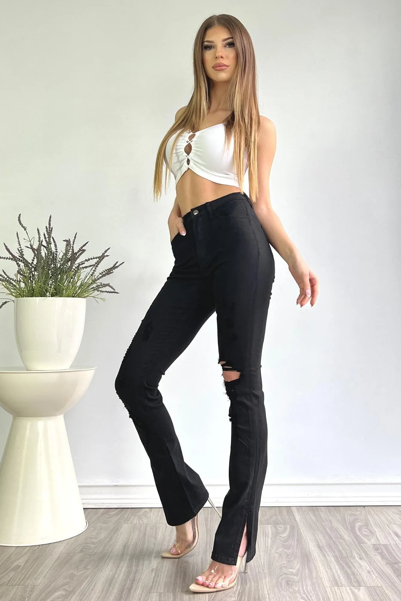 I'm Sprung Black Split Hem Distressed Straight Leg Jeans