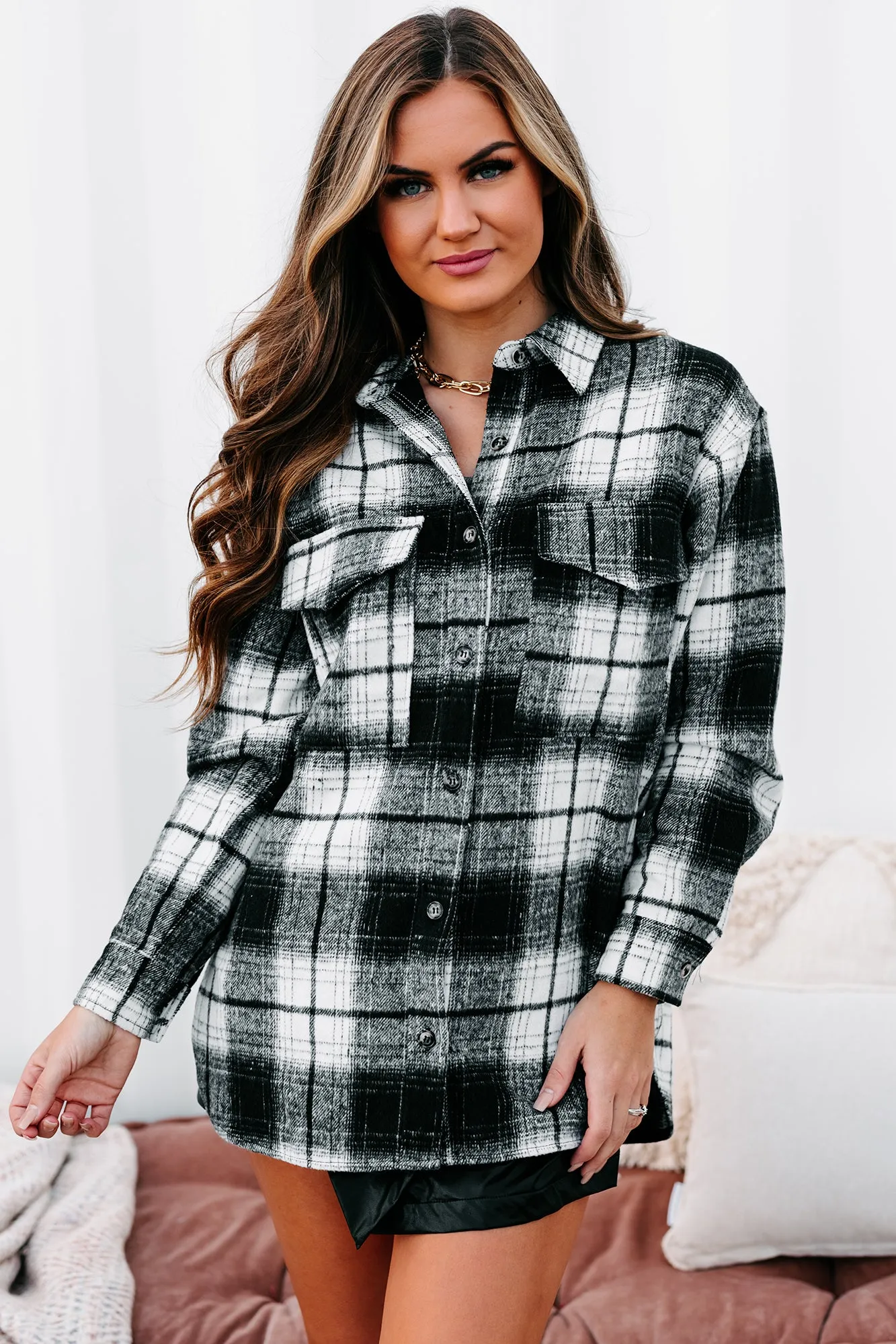 In A Fall Frenzy Plaid Shacket (White/Black)